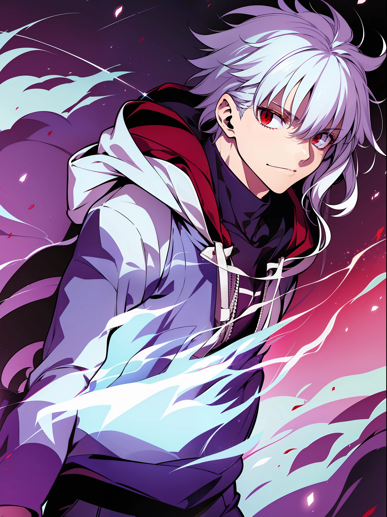 solo, ((male with silver hair wearing hoodie)), (bangs), (red eyes), (pale skin), ((high quality)), (extremely detailed), fate stay night, inspired by takeuchi takahasi