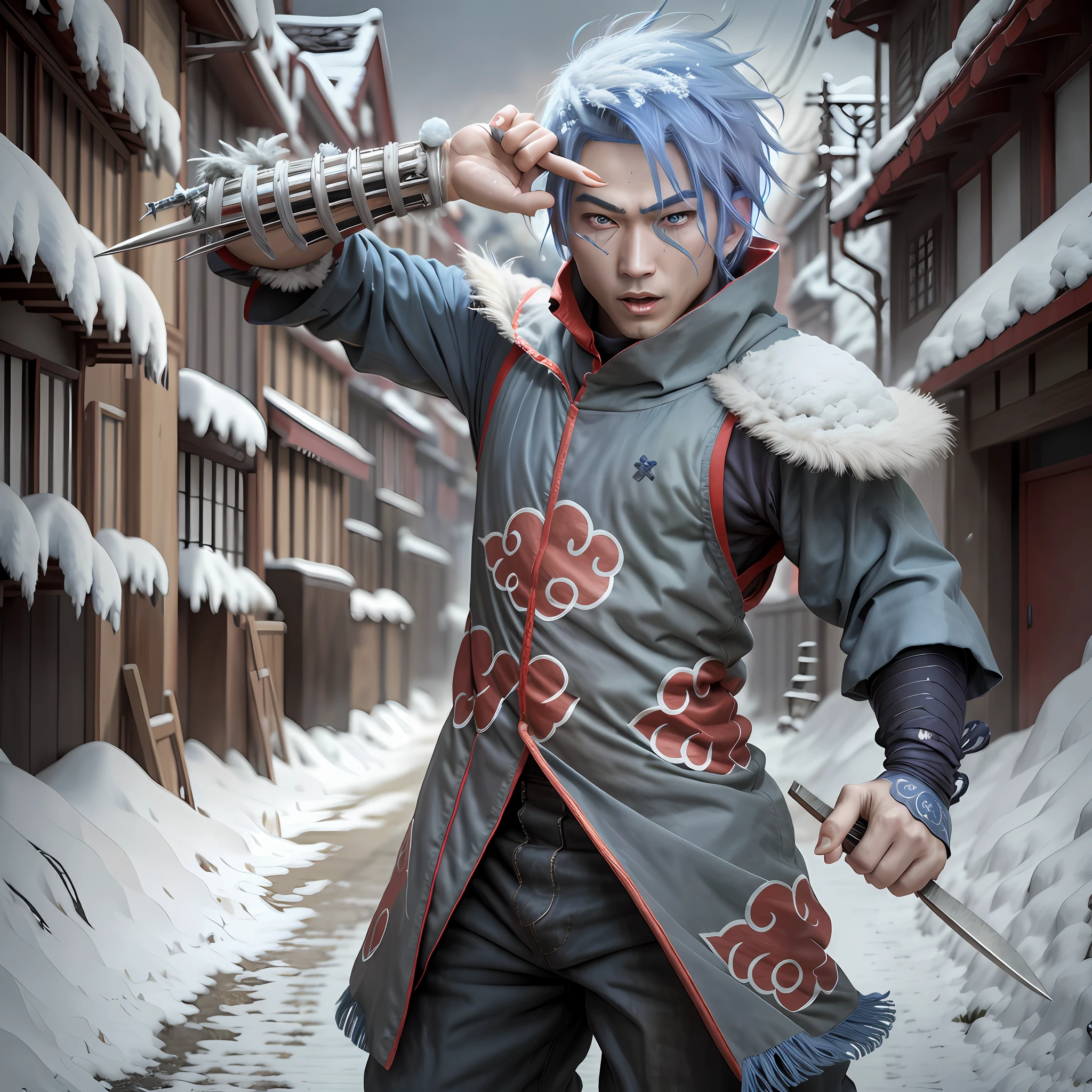 Japanese blue hair man with daggers in hands pumped in snow super realism well detailed full hd