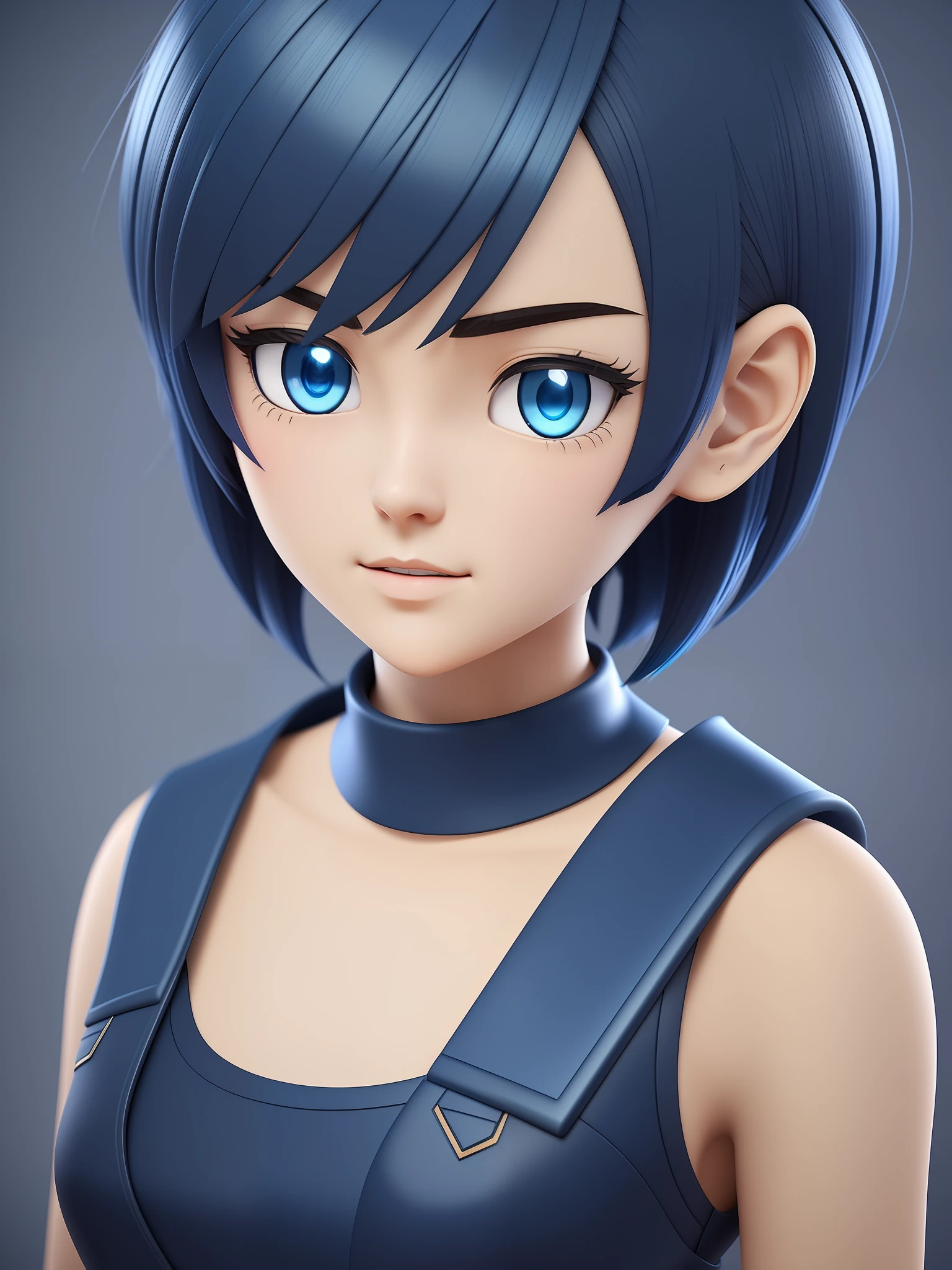 Young girl, a cartoon character light dark blue clothing, (short hair and dark blue), stylized character, animation character, stylized 3d render, 3d character, highly detailed character, stylized anime, stylized 3d, render character, character model, close up, maximum quality