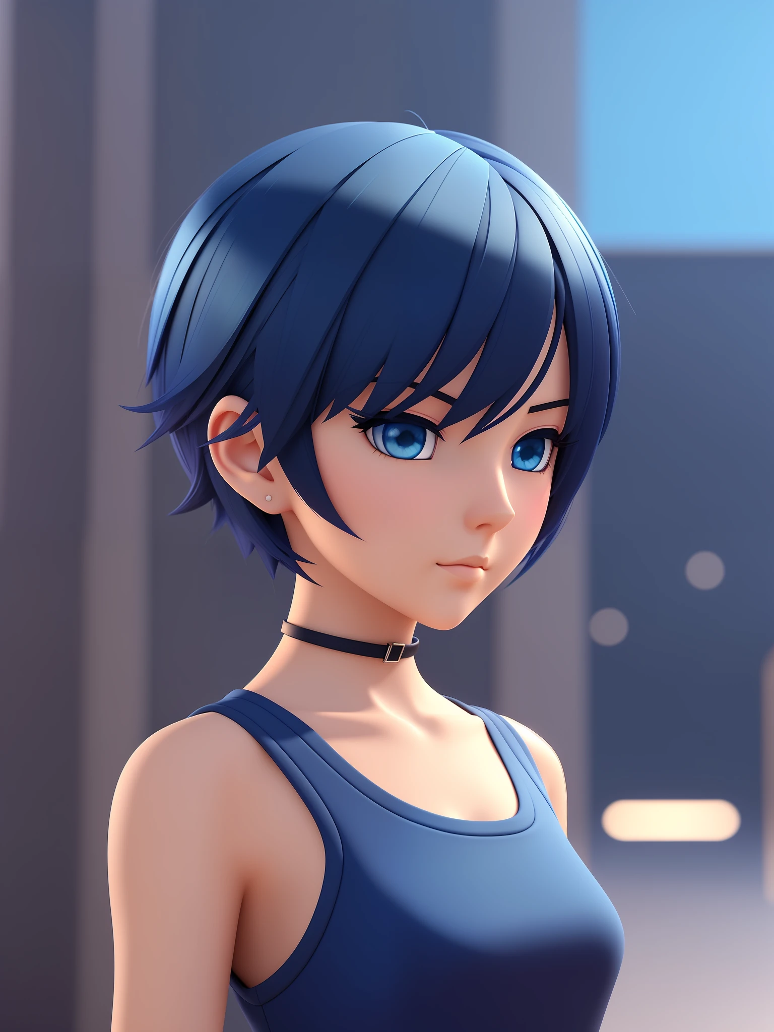 Young girl, a cartoon character light dark blue clothing, (short hair and dark blue), stylized character, animation character, stylized 3d render, 3d character, highly detailed character, stylized anime, stylized 3d, render character, character model, close up, maximum quality