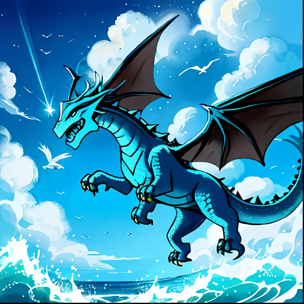 A dragon made of diamond flying in the skies of the ocean