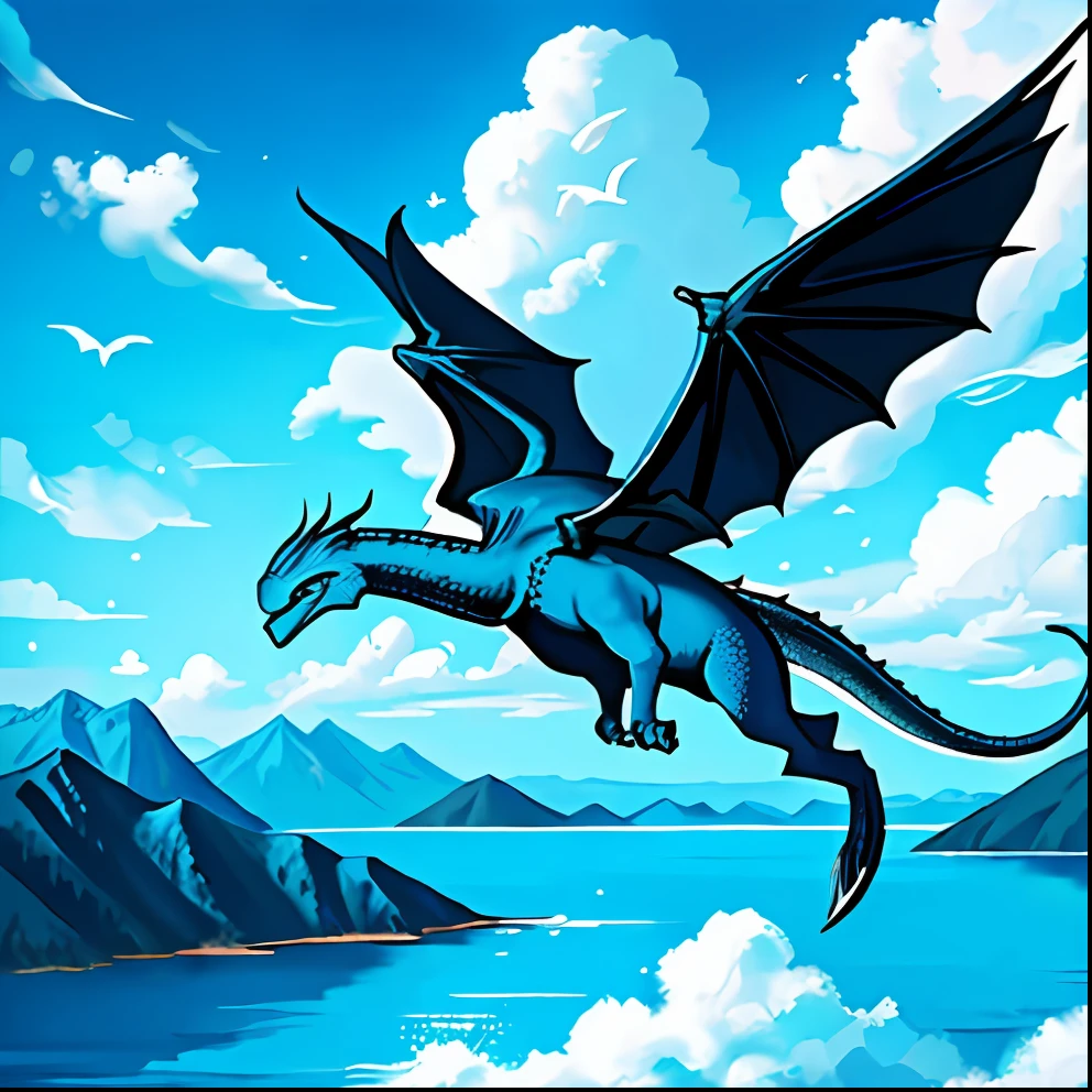 (masterpiece, best quality), blue dragon, flying, above the sea,wings, high contrast, blue sky, mountains in the distance, soft light, detailed texture.