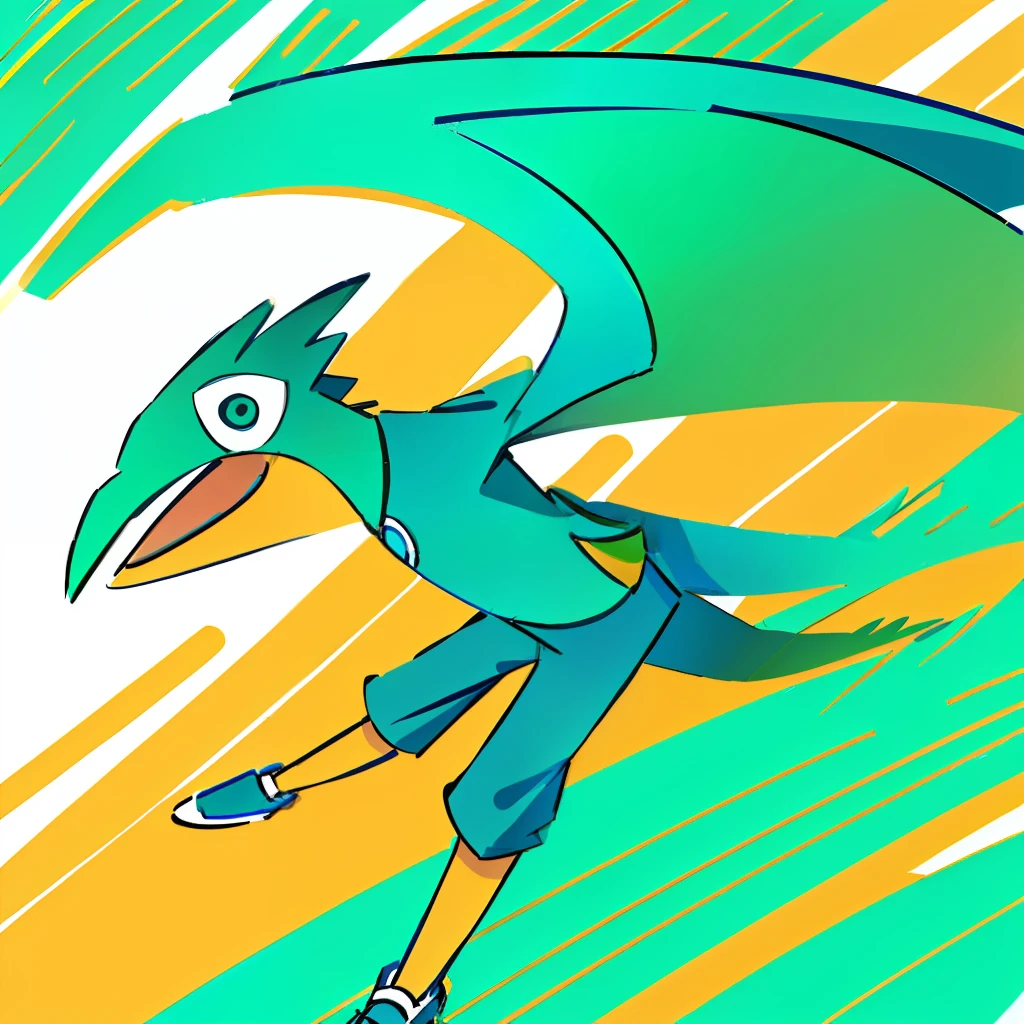 Green pterodactyl humanoid style that appears to be an 8-year-old child of blue sneakers style children's drawing