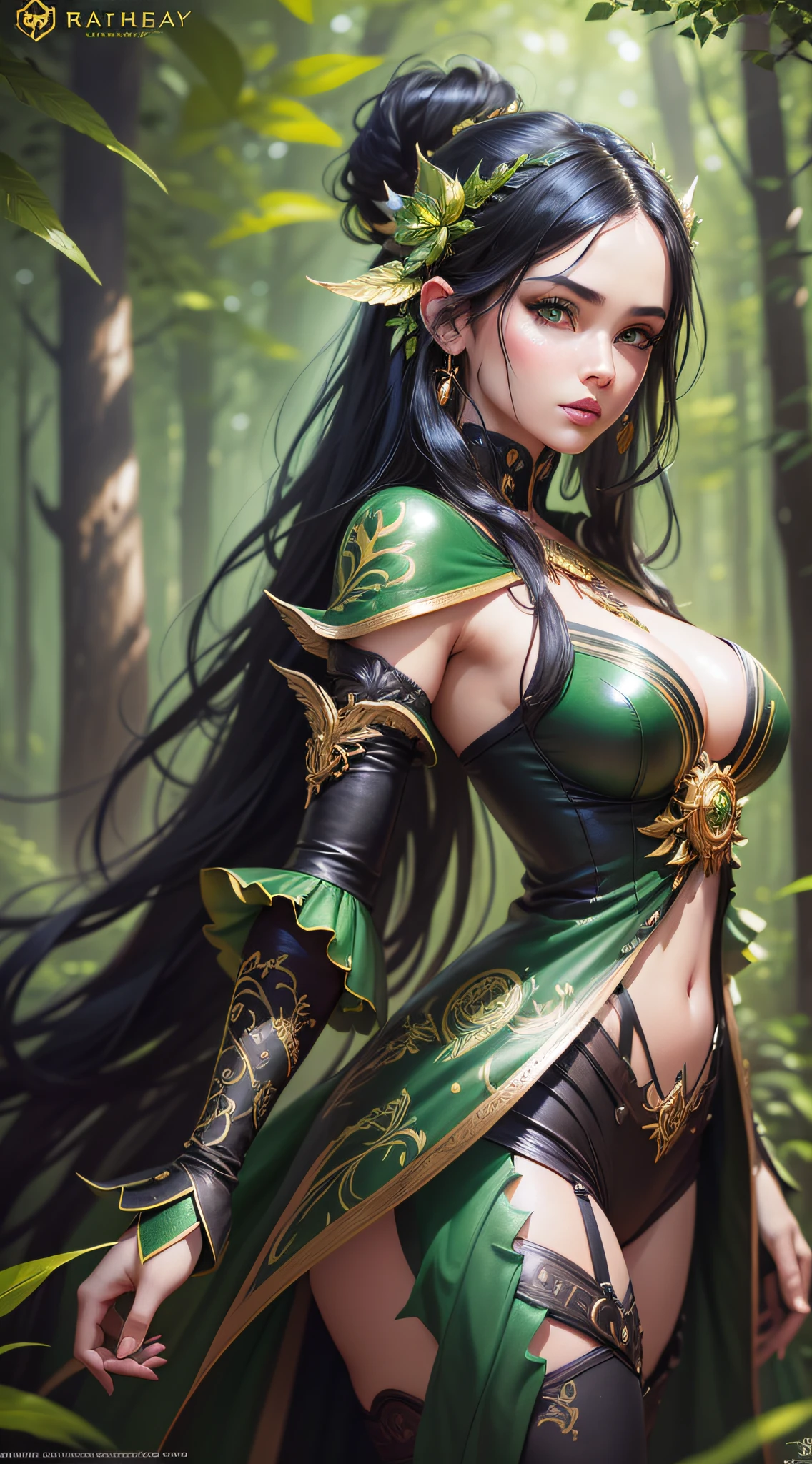 A beautiful maiden, full body, beautiful eyes, black hair, wearing little leather clothing with green and gold details in a magical forest, detailed face, vibrant eyes, fantasy art, artgerm style, illustration, epic, fantasy, intricate, hyper detailed, artstation, concept art, smooth, sharp focus, ray tracing, vibrant, five-fingered hands