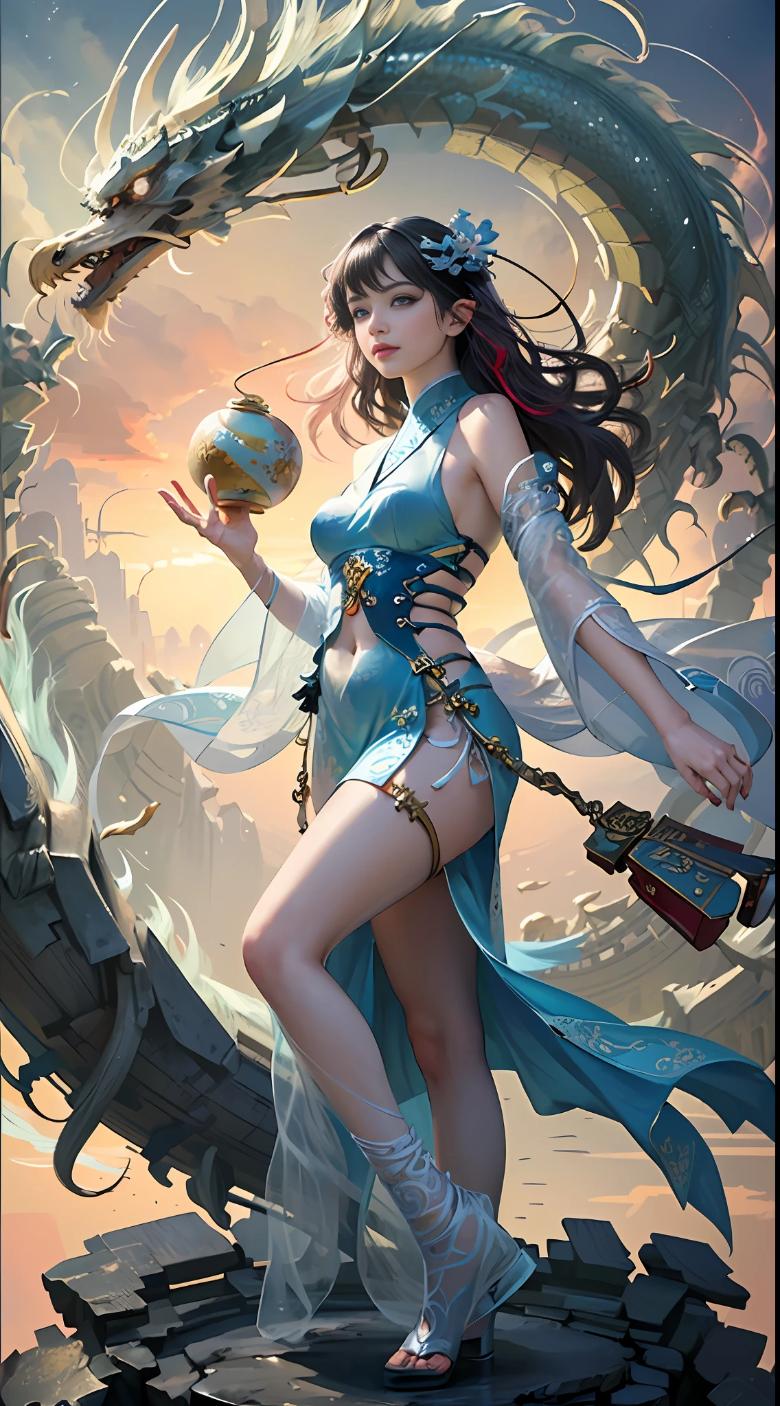 Official Art, Unified 8K Wallpapers, Ultra Detailed, Beautiful and Aesthetic, Masterpiece, Best Quality, (Zentangle, Tangle, Entangle), (fractal art: 1.4), (character center: 1.3), 1girl, black hair, Chinese, off-the-shoulders, short skirt, calf, navel, very detailed, dynamic angle, cowboyshot, (most beautiful form of chaos), ethereal, (bright colors), oc, (half: 1.2), china, (thangka flying sky: 1.5), (ribbon: 1.3), (dream: 1.5), (hanfu: 1.5), Chinese dragon, Chinese phoenix, (smile: 0.5), ( Chinese deities),