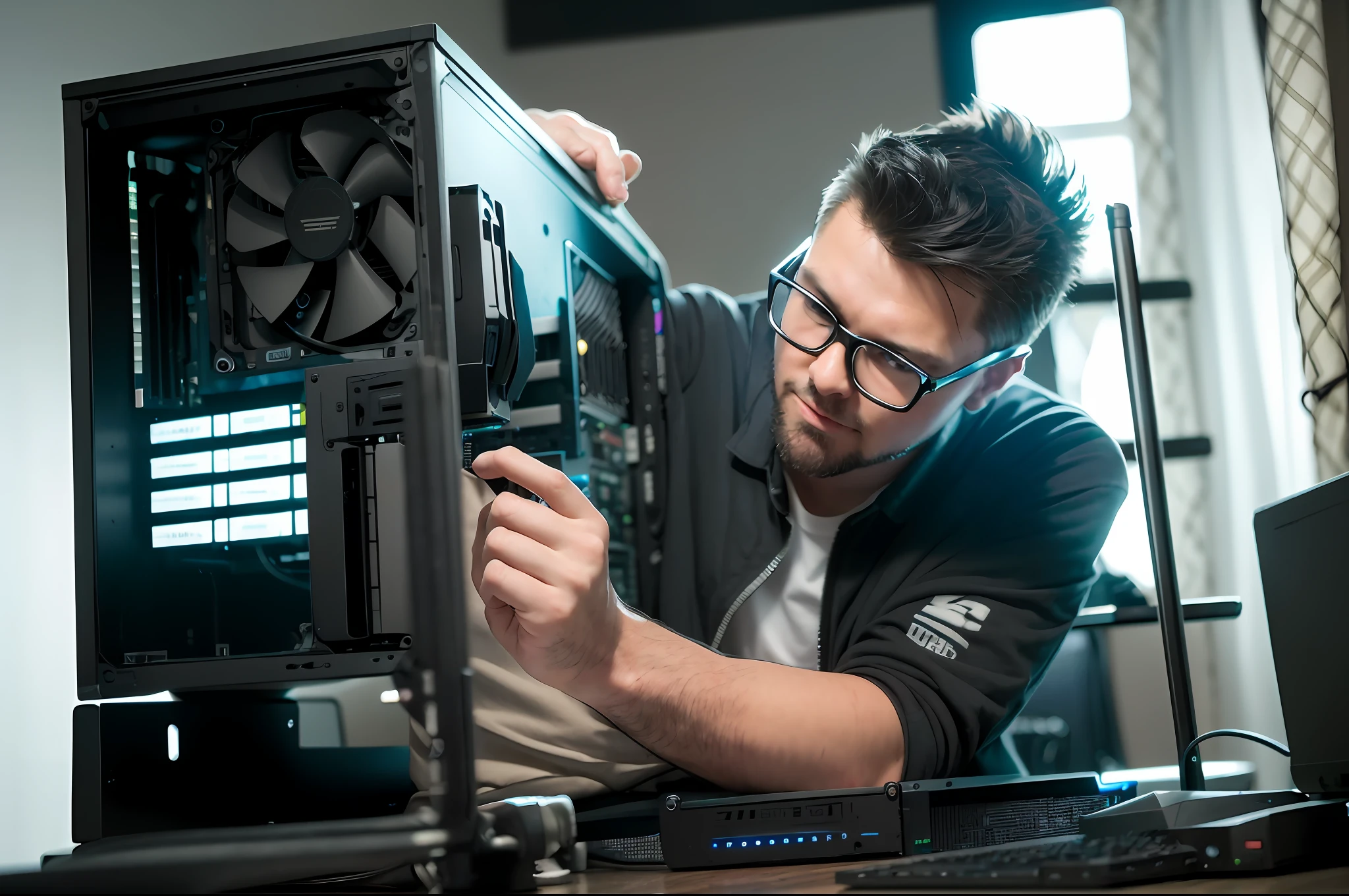 a man fixing a computer case in a room, using his desktop pc, disassemble the computer, it specialist, in front of a computer, gaming computers, custom computer, gaming pc case, gaming pc, chewing on a graphic card, computer nerd, hacking into the mainframe, computer components, linus tech tips, pc gaming