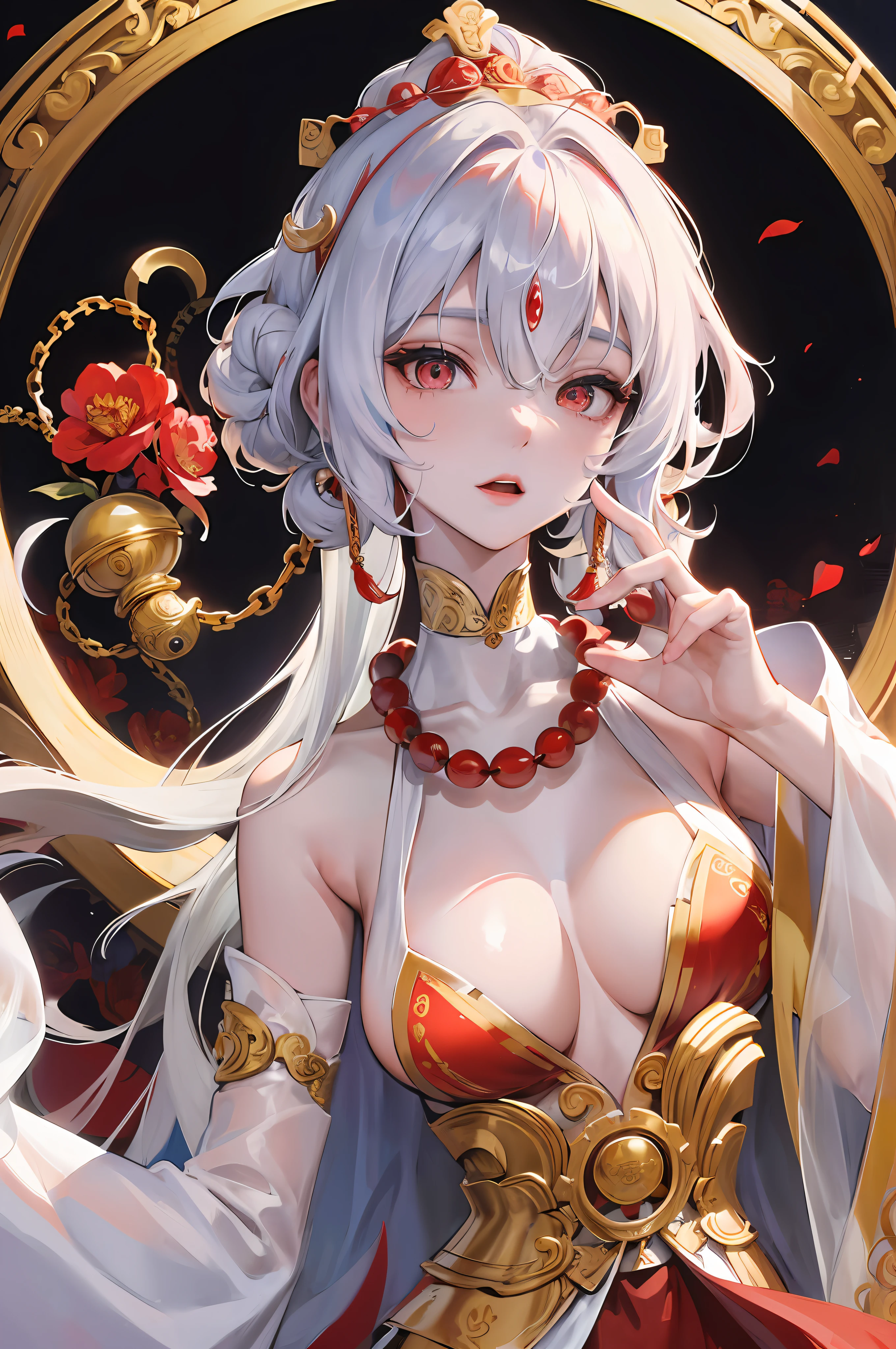 auspicious goddess, Tibetan Buddhism, masterpiece, best quality, super detailed, illustration, (super detailed face), (best face), clear texture, fine texture, vivid temple scene, soft and smooth lines, elegant and exquisite details, ultra-high-definition detail display, excellent image expression, 30 years old, adult, human wife, 1girl, super , Lewd ession, Courtship, white socks, Hands are not displayed, red coiled hair, Buddha beads, ornate monk robeale sBuddhist disciples, chains, intricate details
