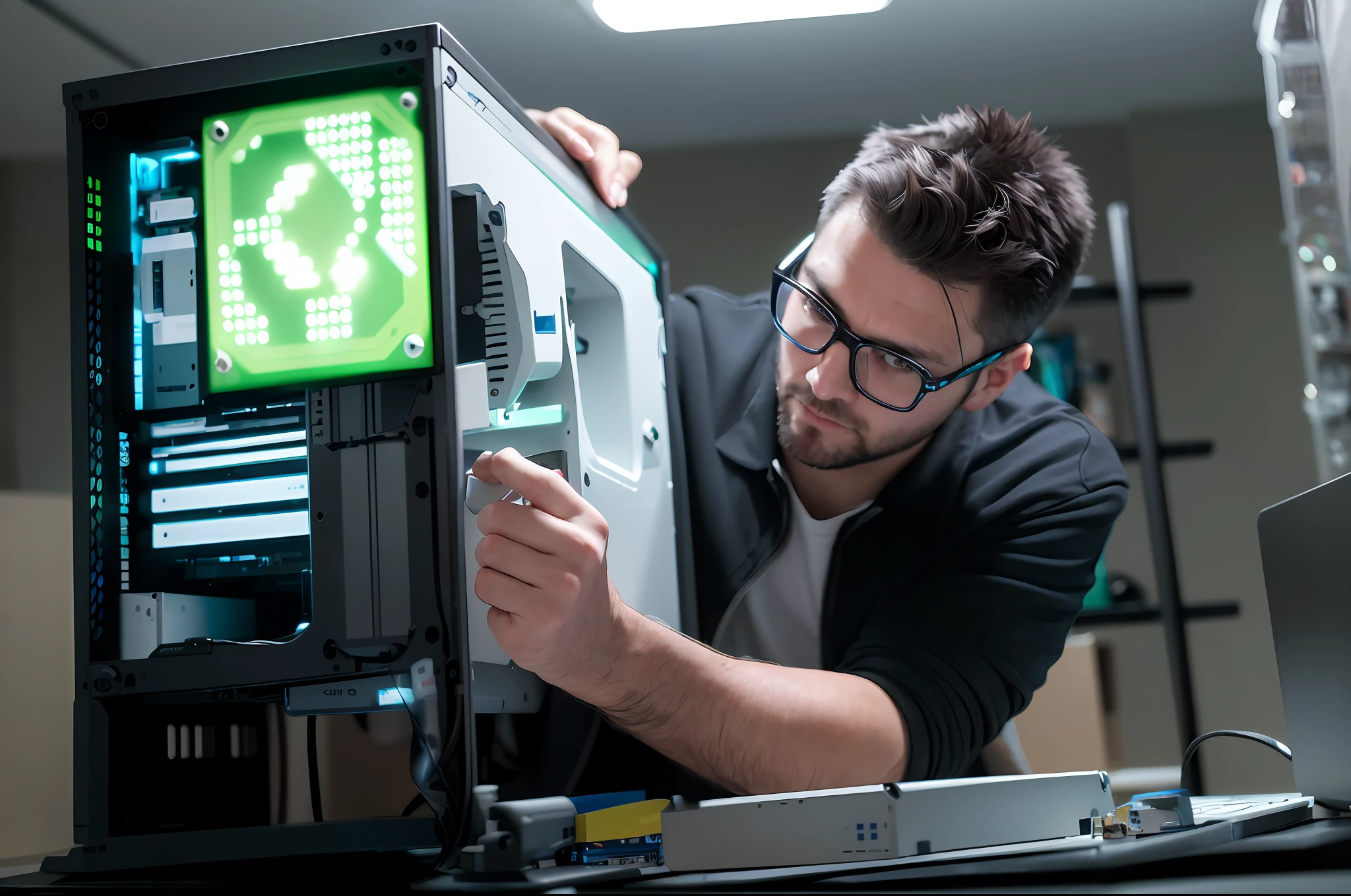 a man fixing a computer case in a room, using his desktop pc, disassemble the computer, it specialist, in front of a computer, gaming computers, custom computer, gaming pc case, gaming pc, chewing on a graphic card, computer nerd, hacking into the mainframe, computer components, linus tech tips, pc gaming