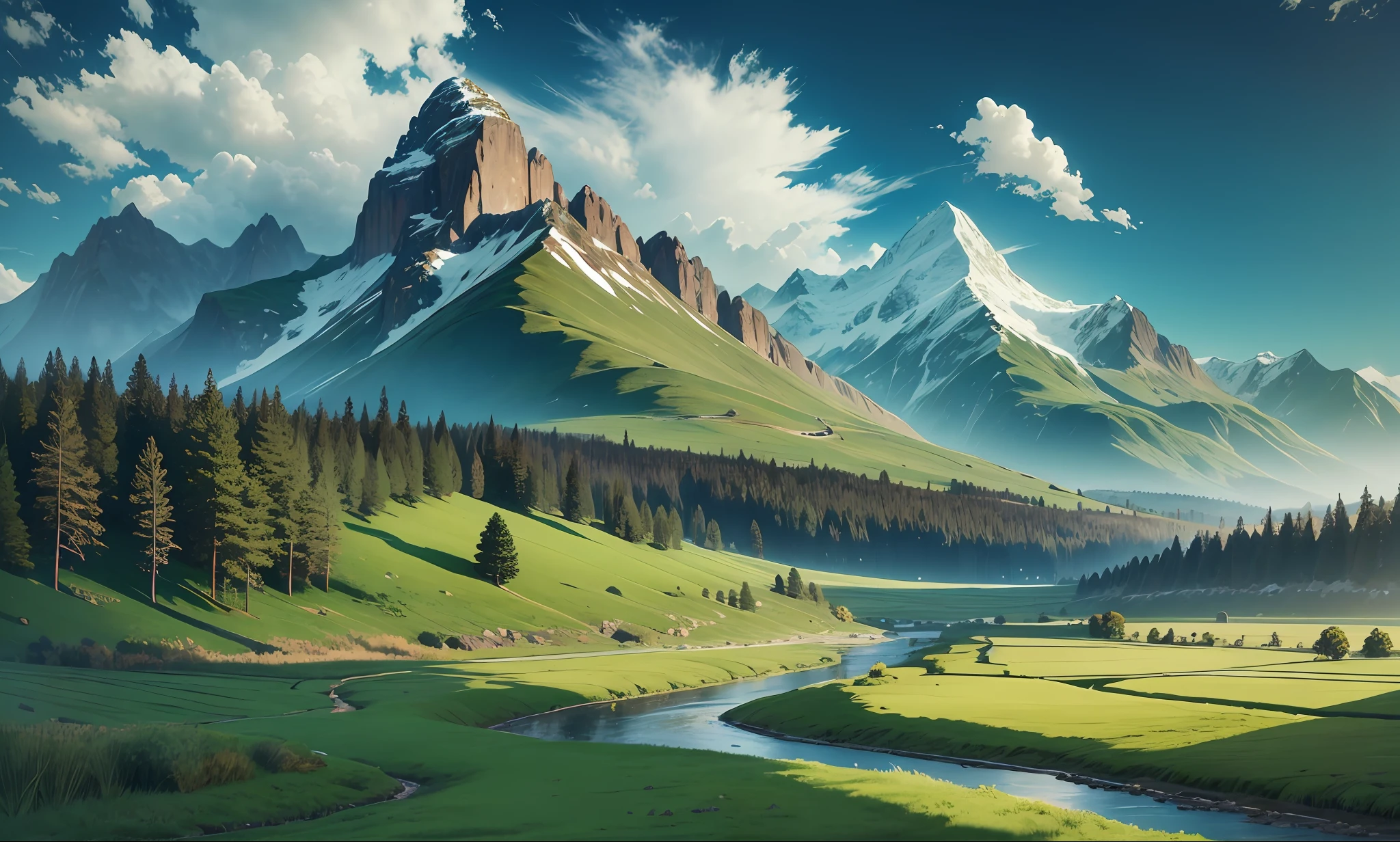 flowing rivers, majestic mountains, green fields and skies full of light