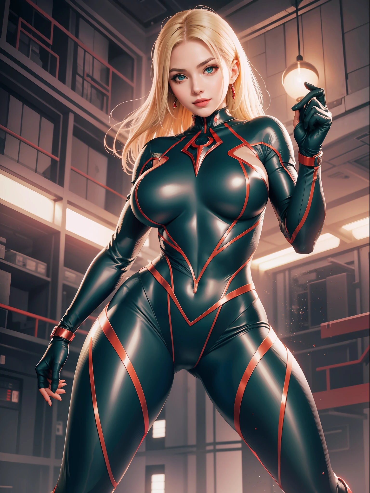 Create full body image:1.5, 1Laura/Woman:1.5, she has large breasts:6, is wearing silver suit with red/futuristic Ultraman style/blue jewelry parts in the center of the breastplate. She is inside an alien spaceship with various machinery. She has short/straight/blonde hair, green eyes, looking at viewer, evil smile, (exhibitionist pose:1.0), (costume/extremely tight on body:1.5), Anime style, Mortal Kombat, 16k, highres, UHD, masterpiece, anatomically correct