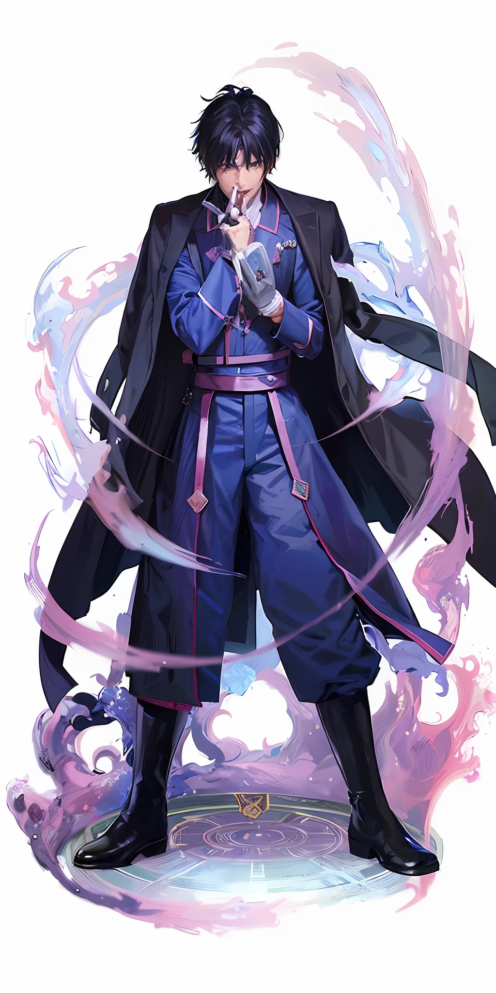 a close up of a person in a blue suit with a sword, handsome guy in demon slayer art, young shadow mage male, hijikata toushirou of gintama, full portrait of elementalist, black - haired mage, arcane from netflix, an arcane wizard casting a spell, inspired by Munakata Shikō