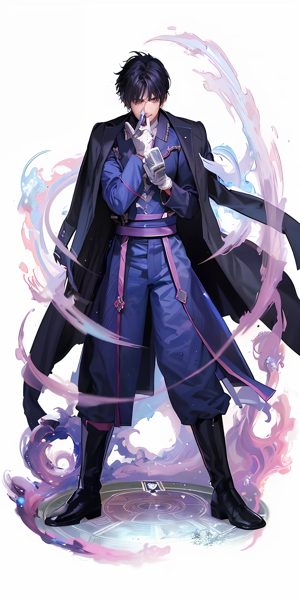 a close up of a person in a blue suit with a sword, handsome guy in demon slayer art, young shadow mage male, hijikata toushirou of gintama, full portrait of elementalist, black - haired mage, arcane from netflix, an arcane wizard casting a spell, inspired by Munakata Shikō