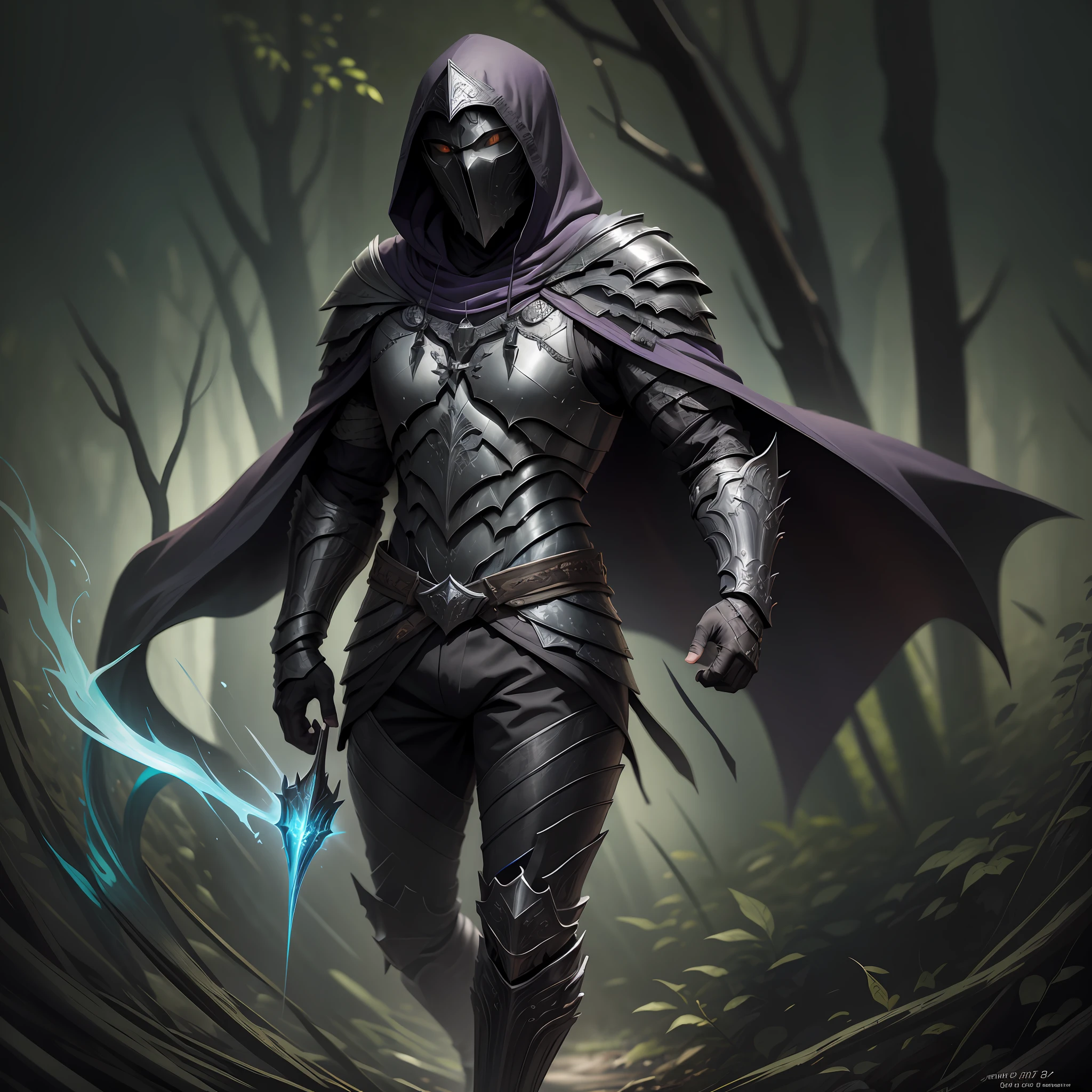 He wears gray armor, black pants, and a purple hooded cape. His arms are wrapped in bandages, but never revealing his shape underneath. His face cannot be seen under the hood, with only three bright blue slits present. --auto --s2