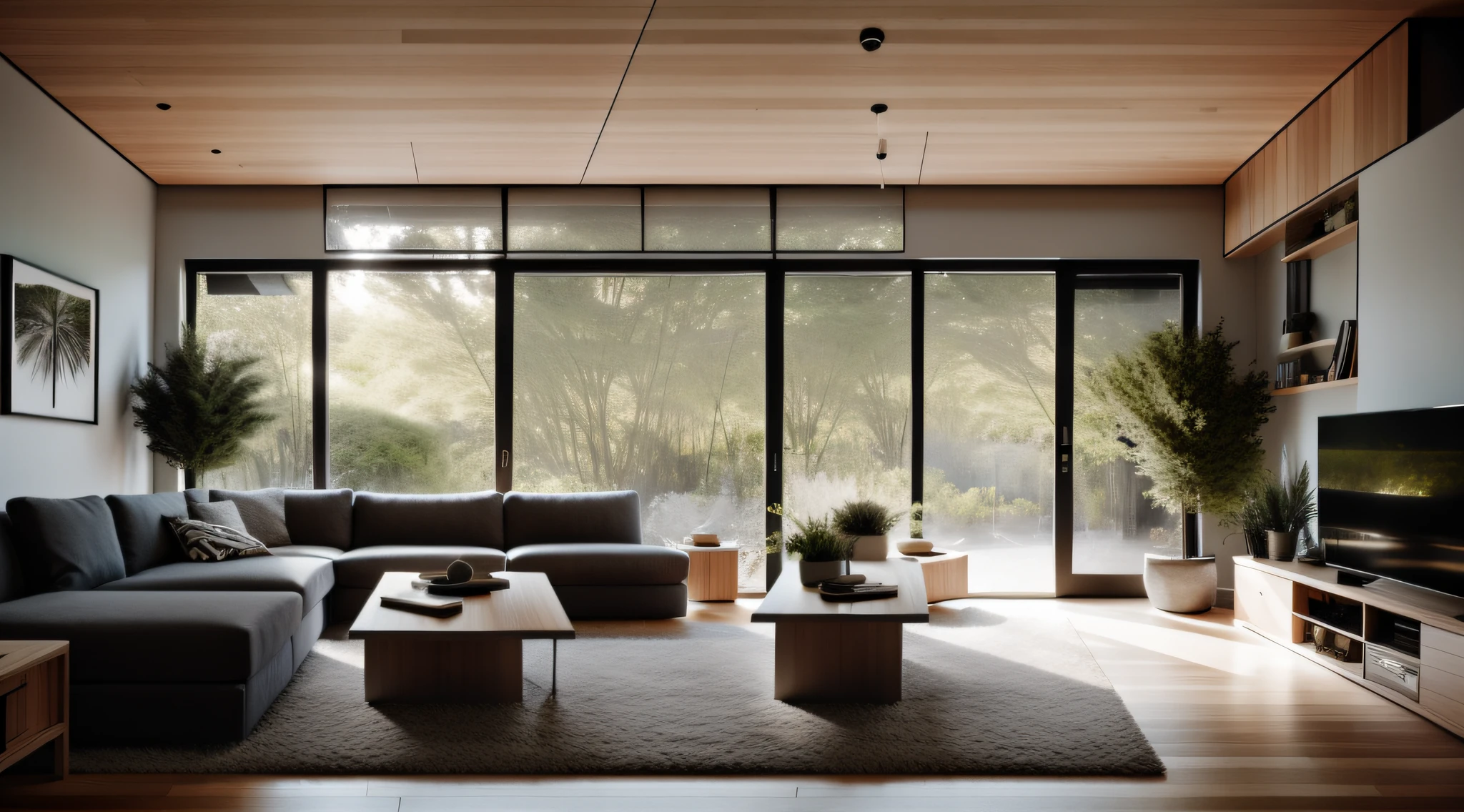 Interior design,insanely detailed wide angle architecture photography, cozy contemporary living room,(bright warm sunlight 1:0.1), award-winning contemporary interior design, scenery, table, chair, indoors, wooden floor, window, restaurant, east asian architecture, sliding doors, lamp, architecture, forest, nature, cup, plant,INTERIOR DESIGN,intersting lights and shadows, Depth of Field,low light, ,