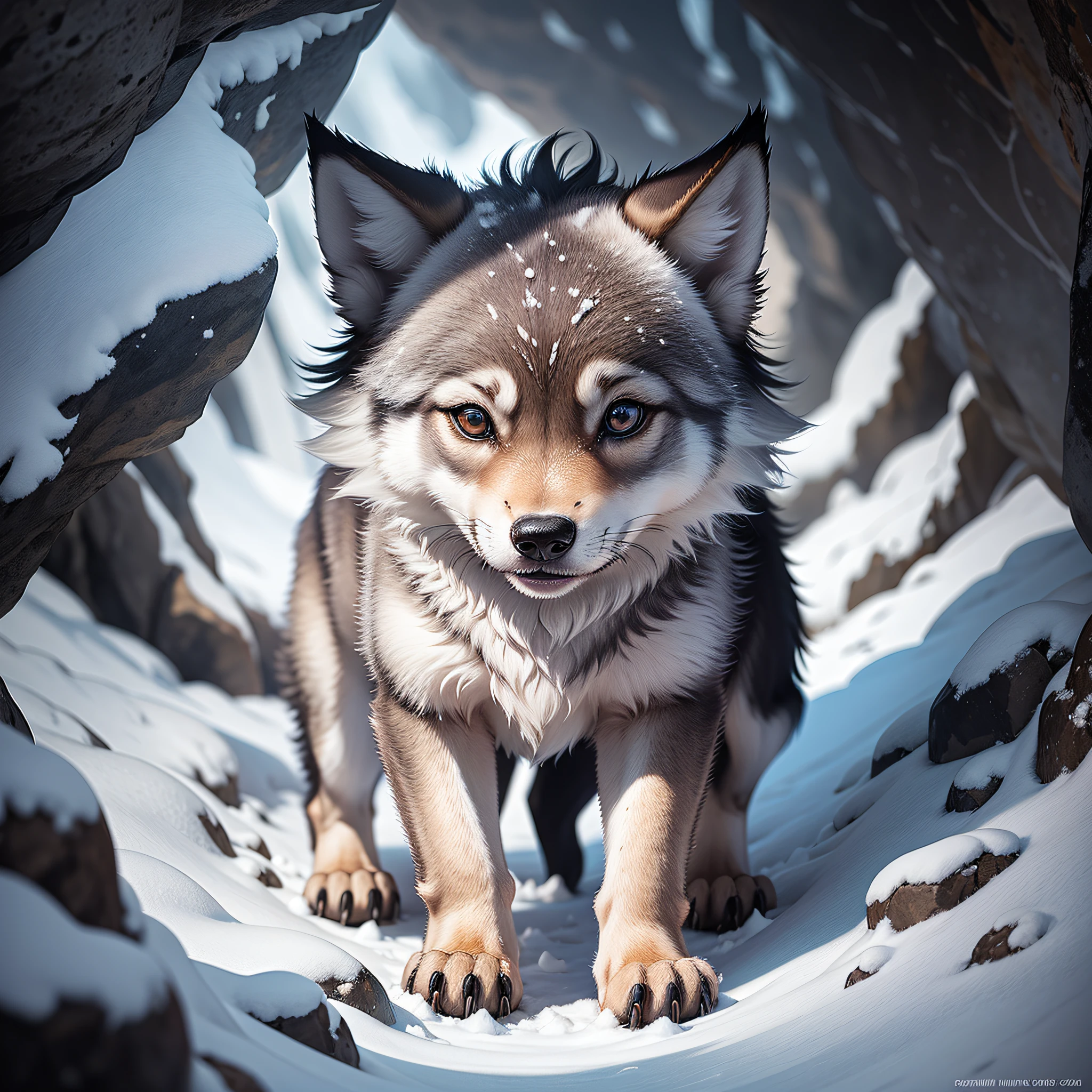 A baby gray wolf cub stood at the mouth of a cave, looking like it was snowy outside --auto --s2