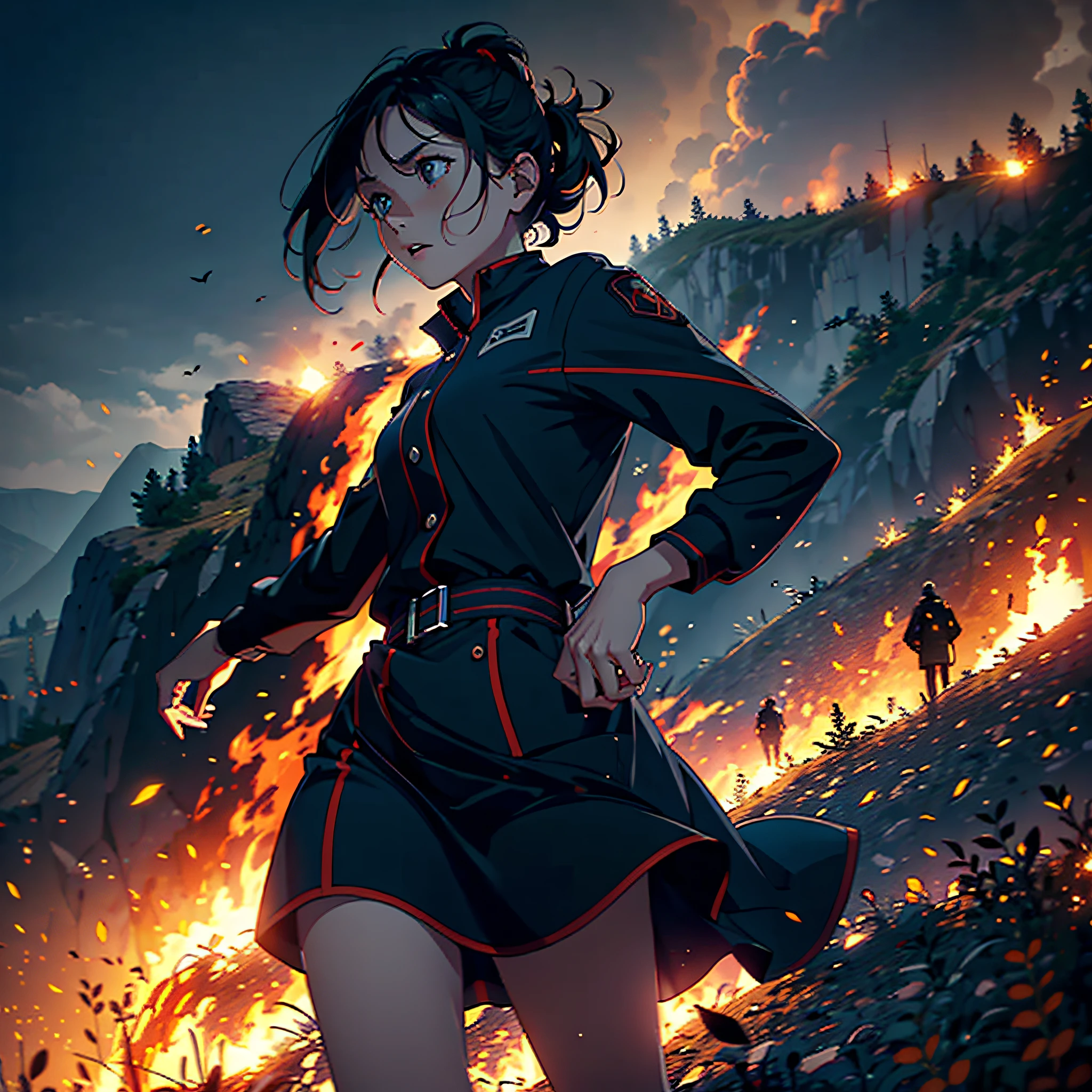 (Vista: 1.5) - Many people, confused and scared, people with frightened and uneasy expressions, (Fire: 1.5), (Smoke: 1.5), Best Image Quality, Facial Detail, Depth of Field, Medium, (Running crowd: 1.5) Fire scene, foreground lighting