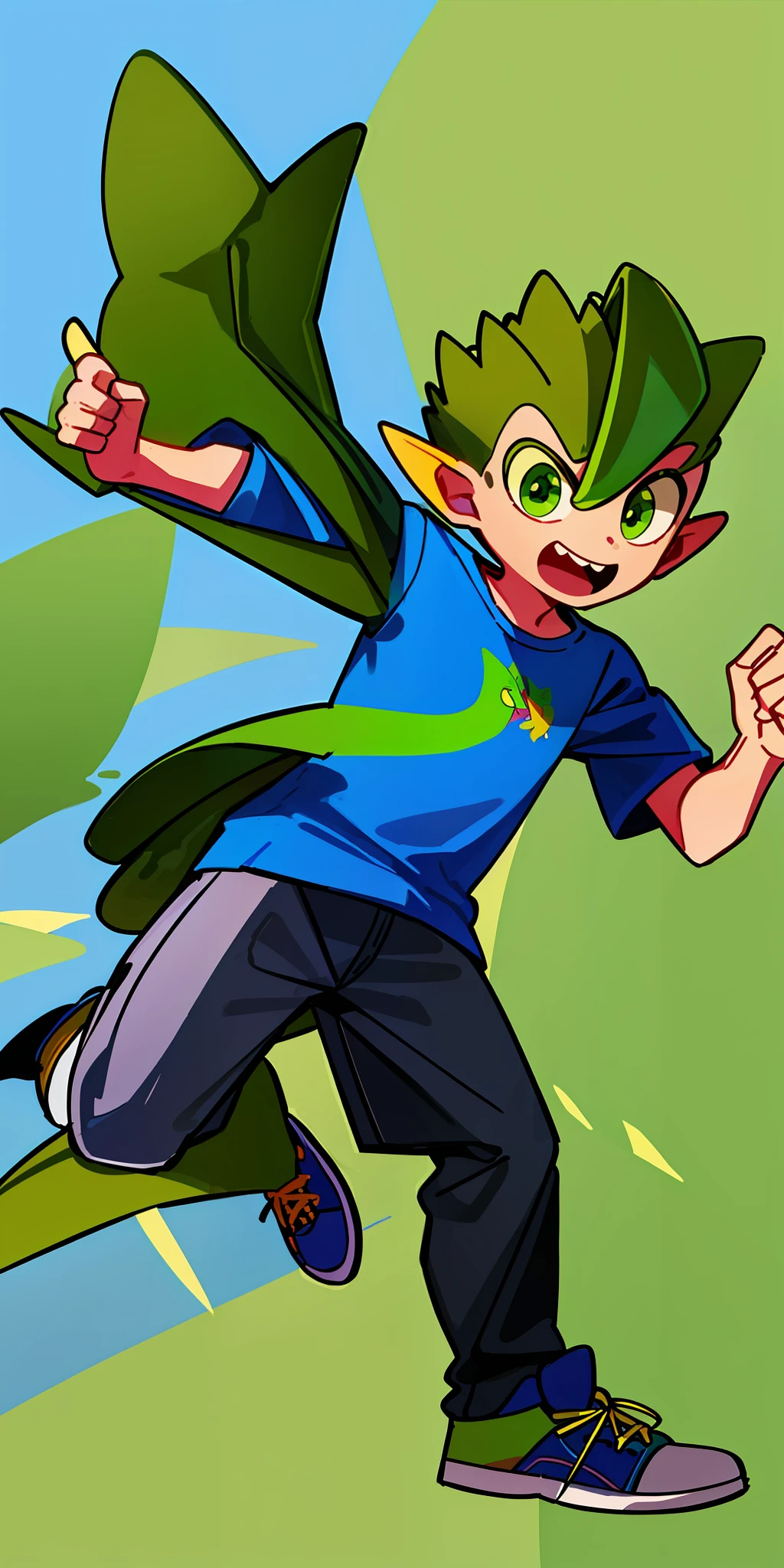 Green pterodactyl humanoid style that appears to be an 8-year-old male child in blue sneakers style children's drawing