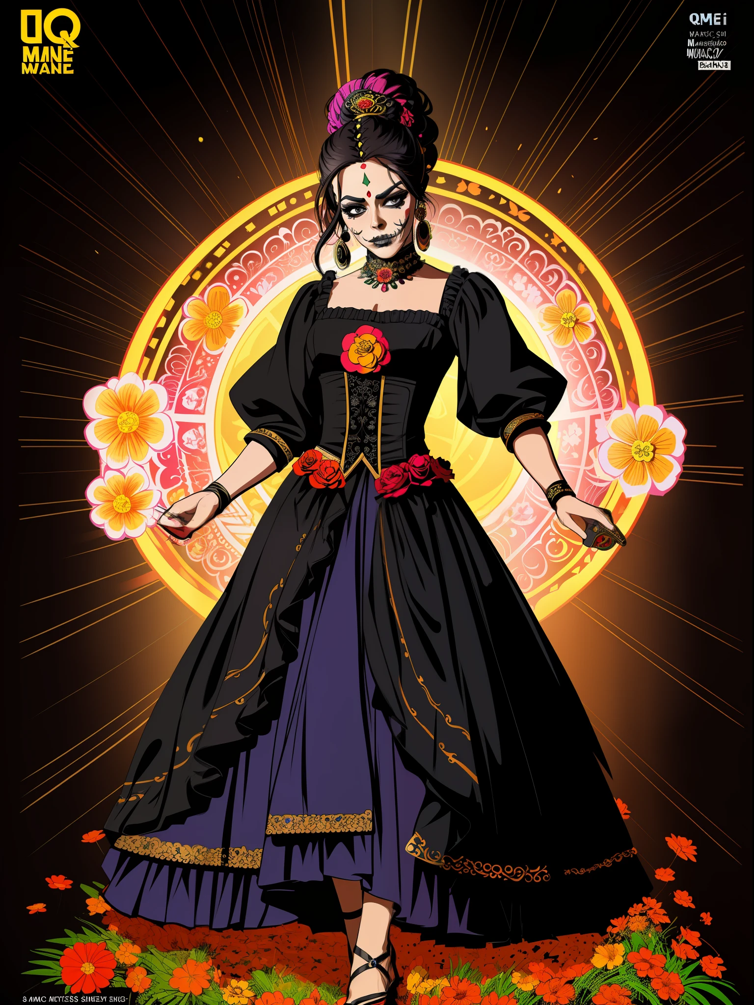 (comic style:1.3), (line art:1.5), (full body),(masterpiece, award winning, best quality:1.3), (solo), 1 beautiful Mexican woman (mexican muertos queen:1.2) casting a spell, black hair (updo), flowers in hair, black eyes, black_blouse, red_pants, art by Jim lee, cinematic, masterpiece, , detailed background, detailed material textures, detailed face, serious, realistic 1.35, muscular 1.2