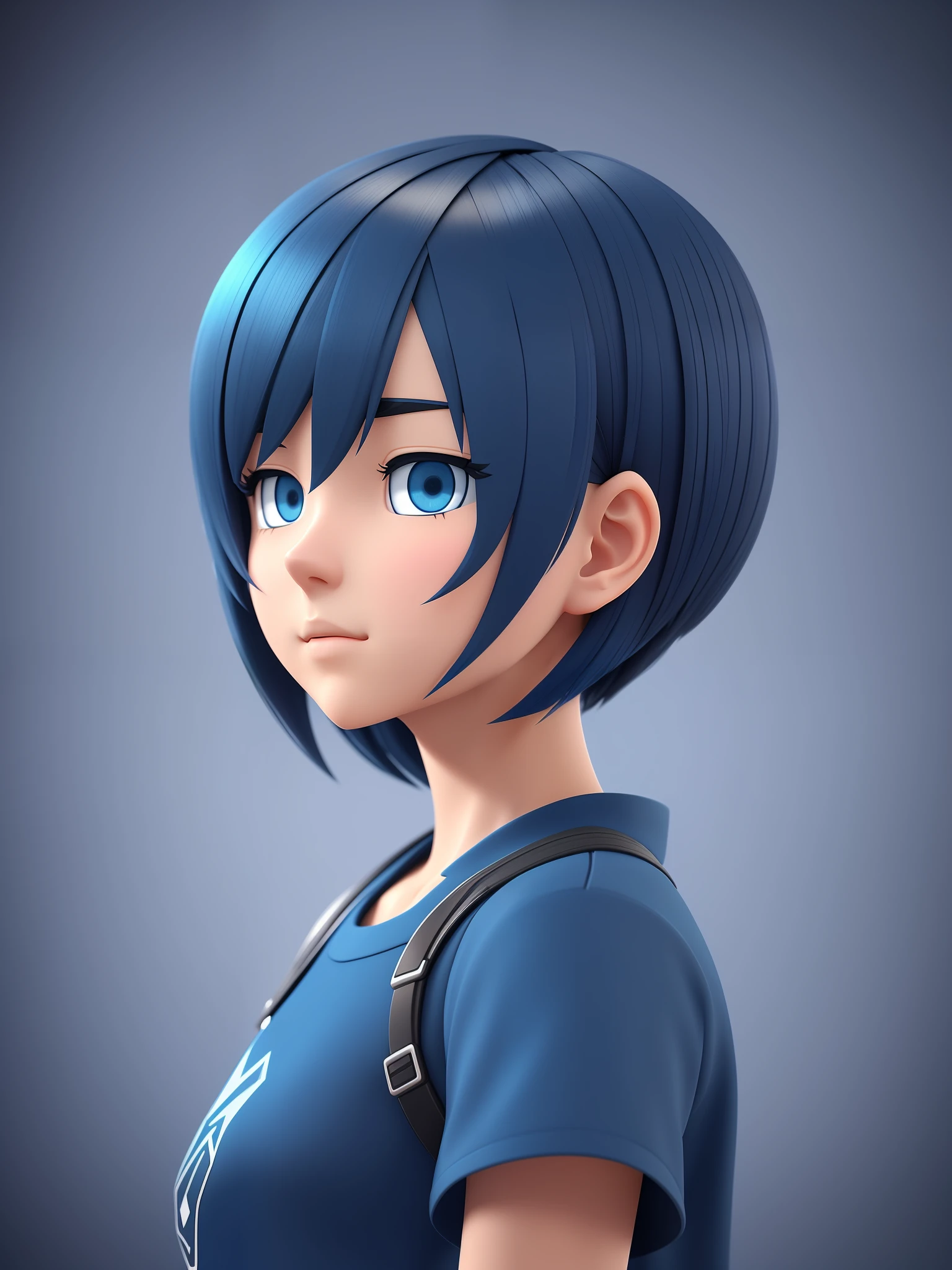 Young girl, a cartoon character light dark blue clothing, (short hair and dark blue), stylized character, animation character, stylized 3d render, 3d character, highly detailed character, stylized anime, stylized 3d, render character, character model, close up, maximum quality