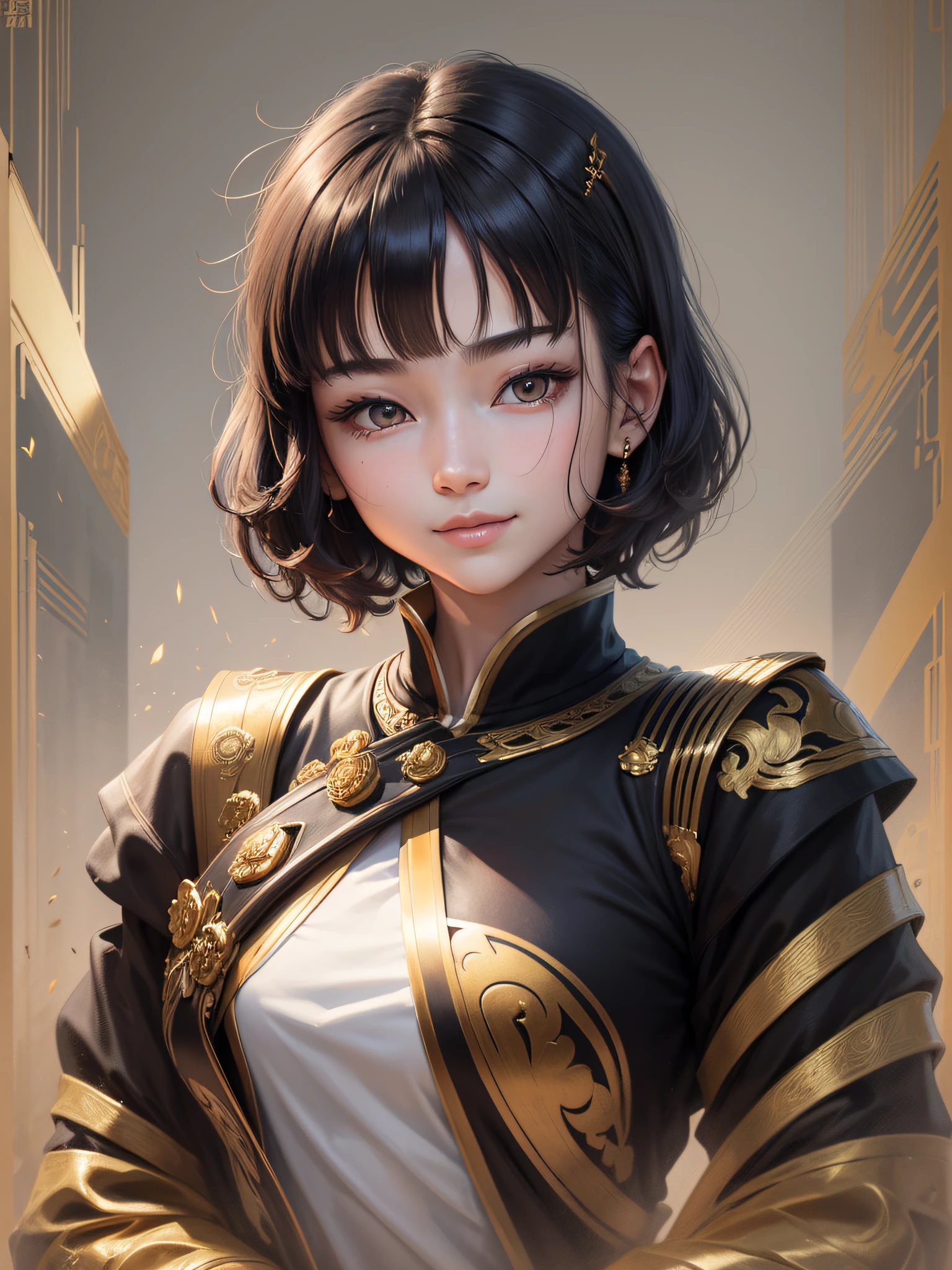 Void Bodhisattva, (Gold: 1.2), smooth upper body, long-sleeved cassock, ray tracing, (Metal texture: 1.1), colorful clouds on the background, (Best quality: 1.0), (Ultra High Resolution: 1.0), 8k, (Masterpiece: 0.2), , Innocent, Innocent, No Exposure, Black Hair, Neatness, Guide, Face Facing Front, Beauty, Disturbing Emotions, Monk-style Beauty, 20-year-old Beauty, 16K, Face Frontal, ID Photo, ID photo, interview, ID photo, short hair, cute, face is frontal, smile,