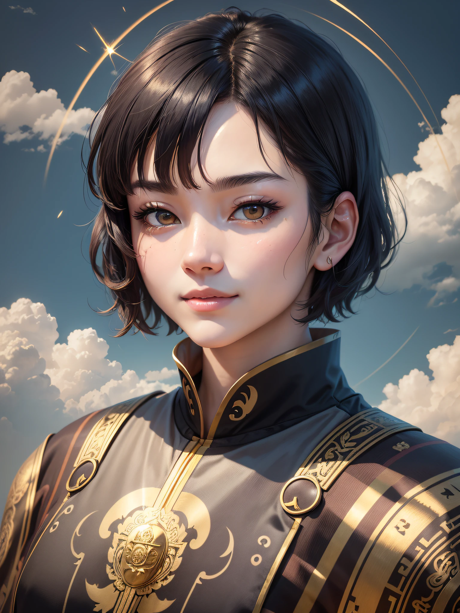 Void Bodhisattva, (Gold: 1.2), smooth upper body, long-sleeved cassock, ray tracing, (Metal texture: 1.1), colorful clouds on the background, (Best quality: 1.0), (Ultra High Resolution: 1.0), 8k, (Masterpiece: 0.2), , Innocent, Innocent, No Exposure, Black Hair, Neatness, Guide, Face Facing Front, Beauty, Disturbing Emotions, Monk-style Beauty, 20-year-old Beauty, 16K, Face Frontal, ID Photo, ID photo, interview, ID photo, short hair, cute, face is frontal, smile,