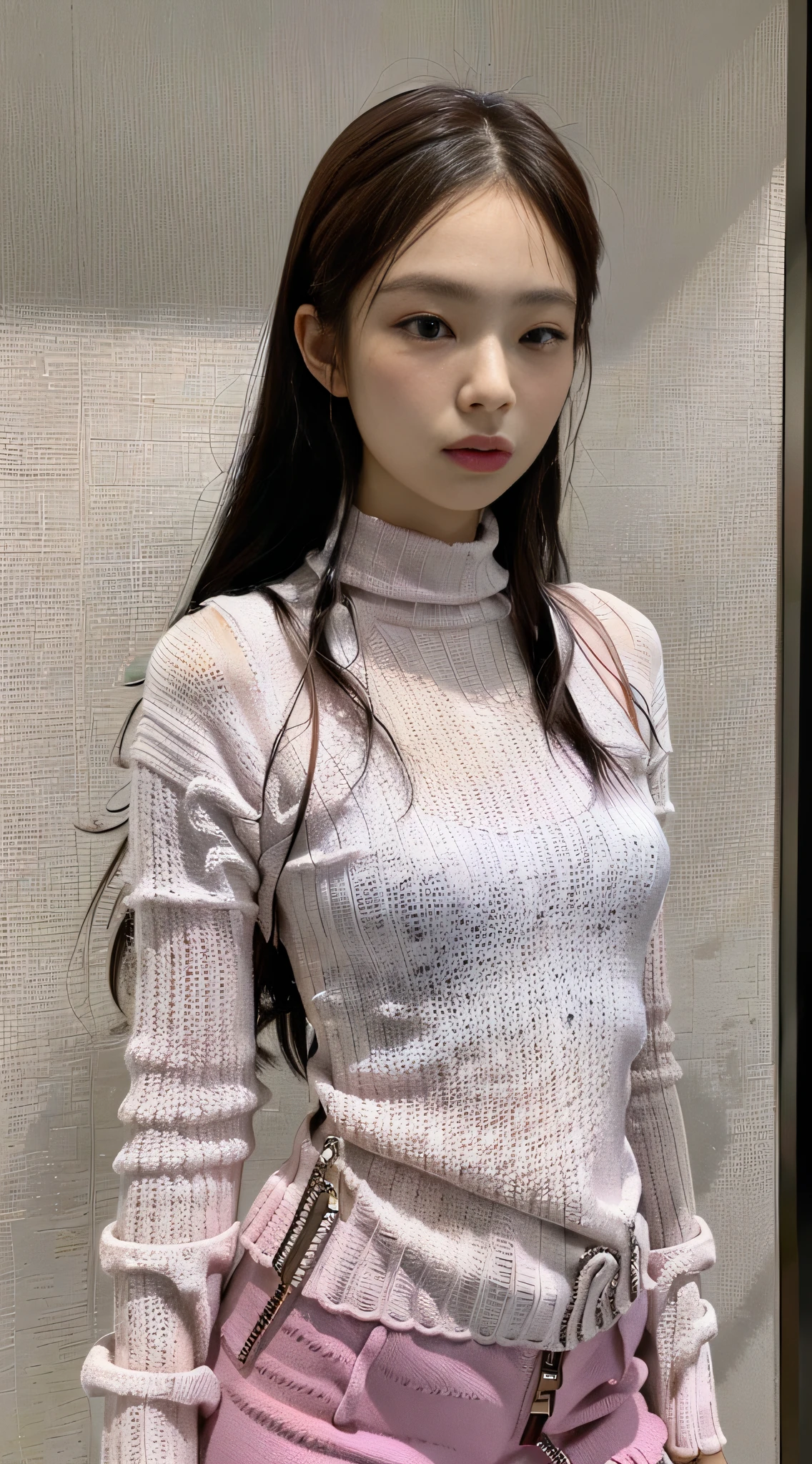 (1girl:1.3), Solo, __body-parts__, Kim Ji-ni Jennie Face, Korean Style Photo, Korean Instagram, Pink turtleneck sweater, Sport knitted pink shorts, World-weary face, Sense of luxury, Indifferent eyes, Feminine, Photography blockbuster style, background cement gray, 8K resolution image, intricate symmetrical details. The whole picture goes forward, mainly a woman standing all over her body, with smooth movements and a complete picture.