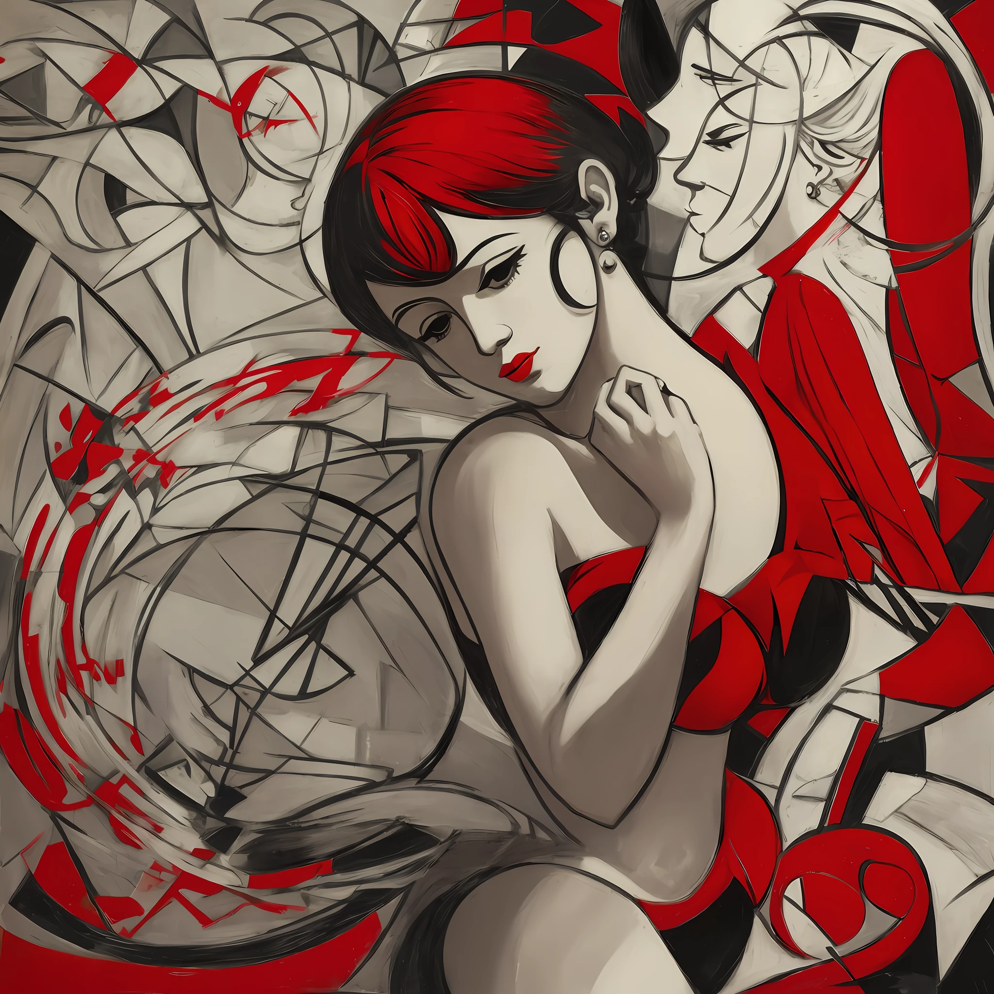 Picasso-style painting, woman, monochrome, slightly red, tango, dance, deformation, character --auto --s2