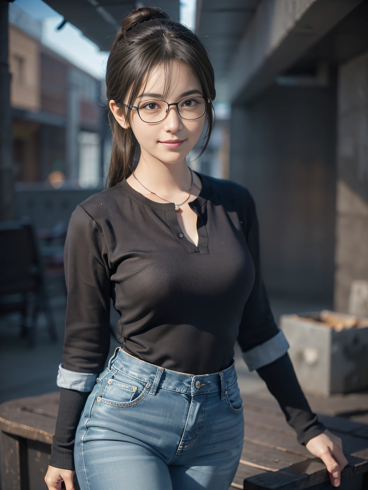 (1 girl: 1.3), Solo, Standing figure, Fantasy art, Photorealistic, Dynamic Lighting, Art Station, Poster, Volumetric lighting, Highly detailed face, Darkness, Deep shadow, Brown eyes, Black eyes, Ponytail, Smile, Black hair, Clothes with white collar, Jeans pants, Glasses