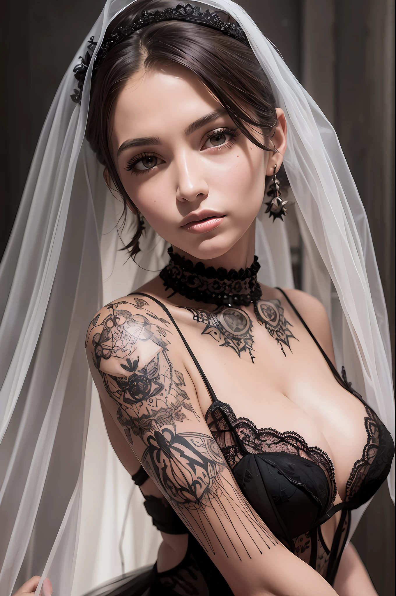 Masterpiece, best quality, nsfw, a portrait photograph of a beautiful Brazilian actress Luana Piovani, small and thin sexy framed with large breasts and spider tattoos, wearing an elegant (black wedding dress) with embroidered opals and a black tulle veil, carrying a bouquet of red roses in a dark and crowded satanic church with an upside-down cross in the background,   Chiaroscuro, from Suicide Girls, , , , , , --q 1, DSLR --v 6 --s2