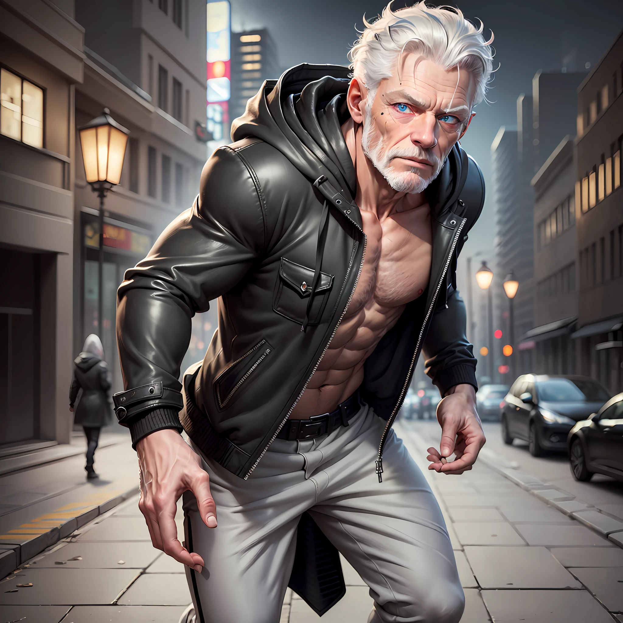 Extremely detailed, very realistic, very sharp, hyper-realistic, best quality, masterpiece, 8k resolution, 50 age, high muscle, elegant gray hair, stubble, Stephen Lang, (((right eye scar heterochromia)))), bad, (((full body portrait)))), full shot, (((black hooded jacket)) --auto --s2