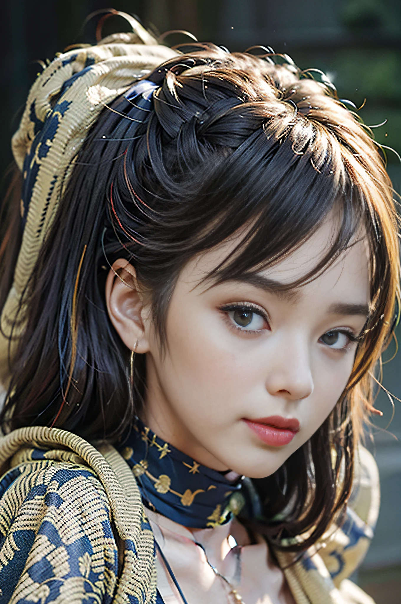ultra hd, retina, masterpiece, anatomically correct, textured skin, super detail, high detail, high quality, high quality, award-winning, (realistic: 1.7), (best quality)), (ultra-high resolution), (realistic: 1.6), realistic, (surreal: 1.2), (realistic face: 1.2), (8k), (4k), (masterpiece), (realistic skin texture), a girl, daytime, skirt and high heels, multicolored hair,
