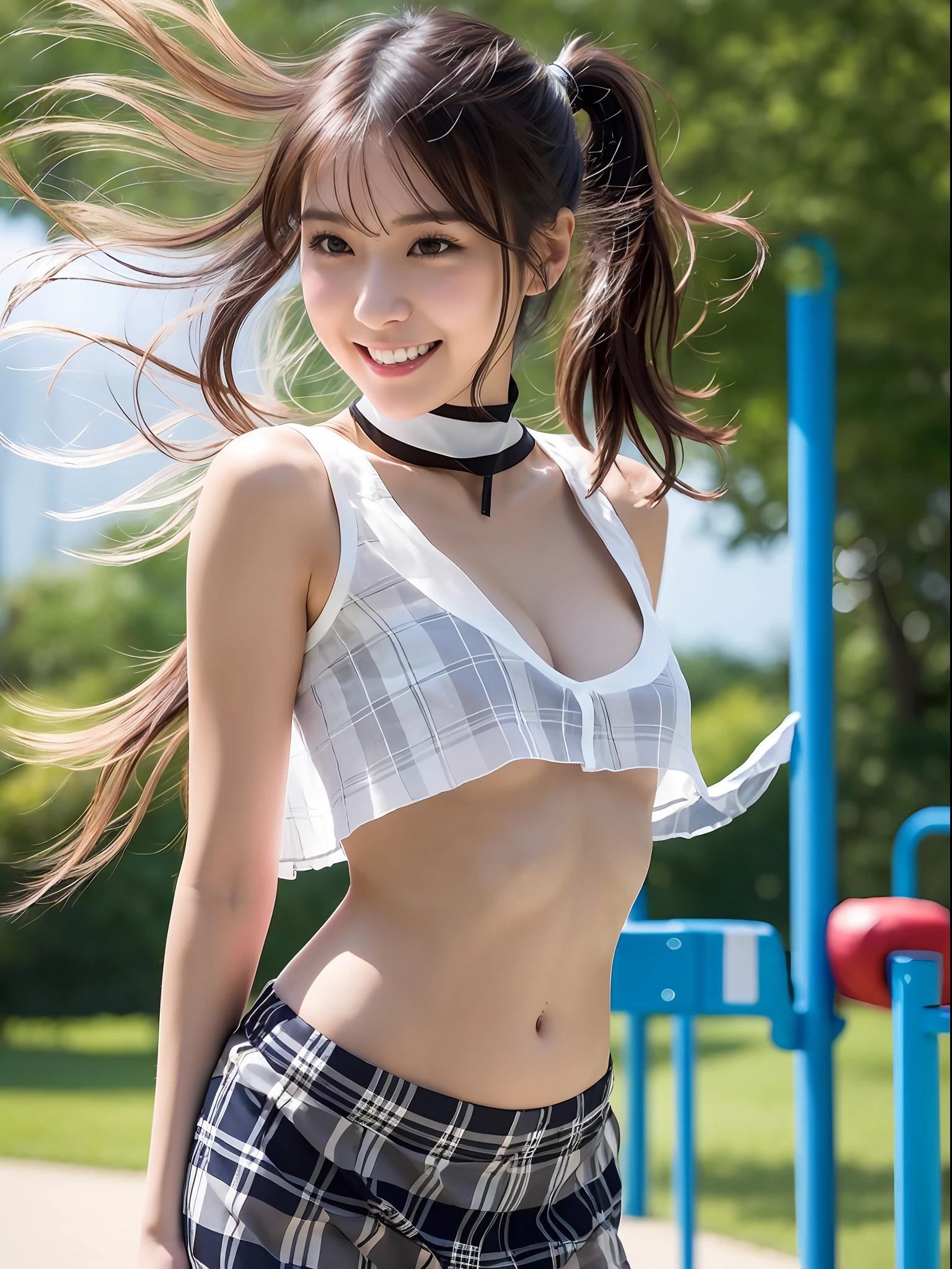 Pretty Japanese woman, dark medium hair, short ponytail, erotic smile, choker, sleeveless blouse white sheer loose, pokies, cleavage, flat chest, small boobs, belly button, deep slit skirt plaid, thigh, no panties, standing in playground, windy day, blowing