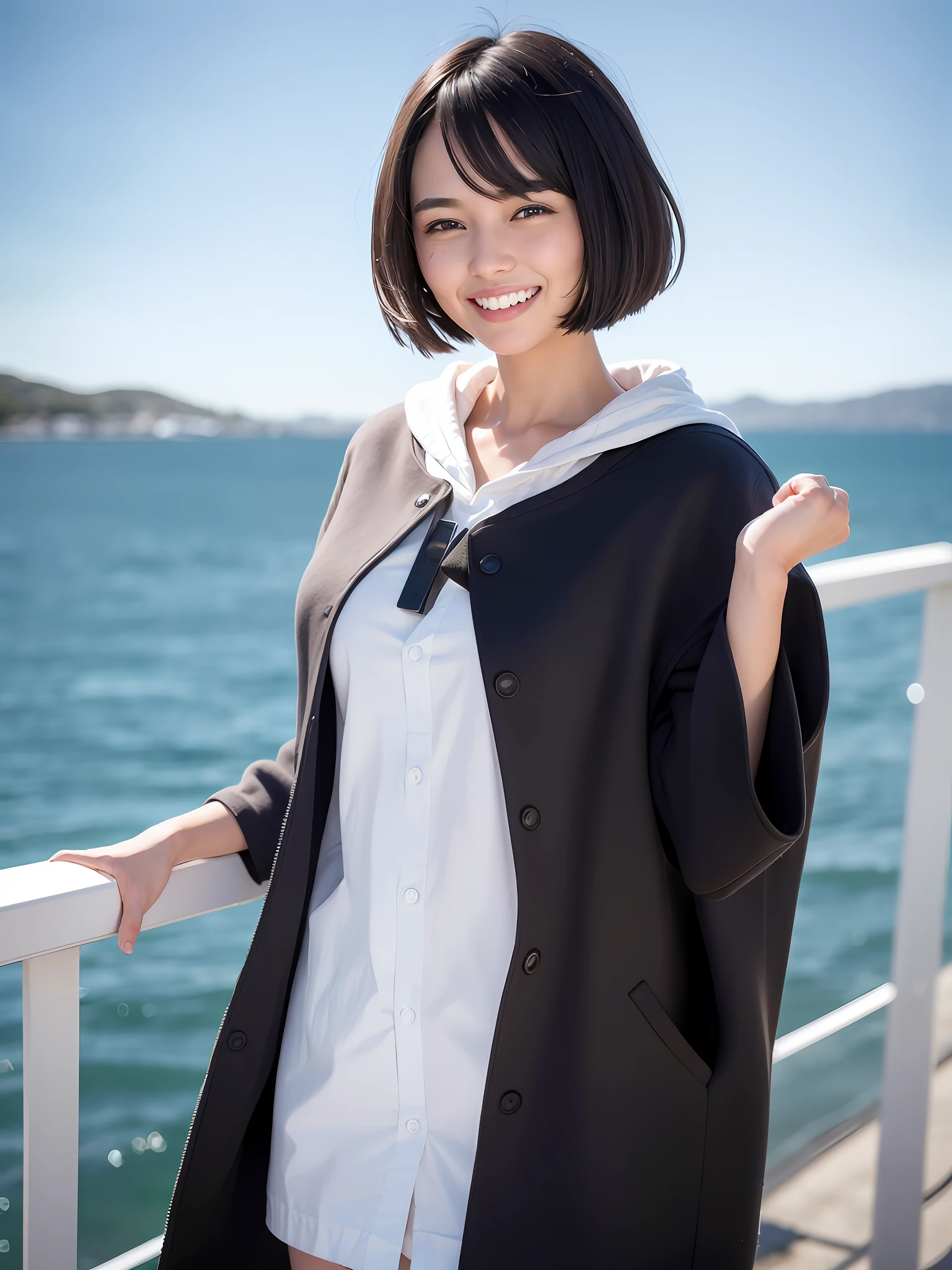 Full body, black hair, blunt head, masterpiece, best quality, official art, very detailed CG unity 8k wallpaper, 1 girl, super high resolution, (realism: 1.4), primetime lighting, doctor's uniform, (upper body), (Sagisar: 1), (short black hair: 0.8), (puffy eyes)), looking at the viewer, facing forward, smiling, laughing, (toothy smile: 1.4), the lens is diagonally above,