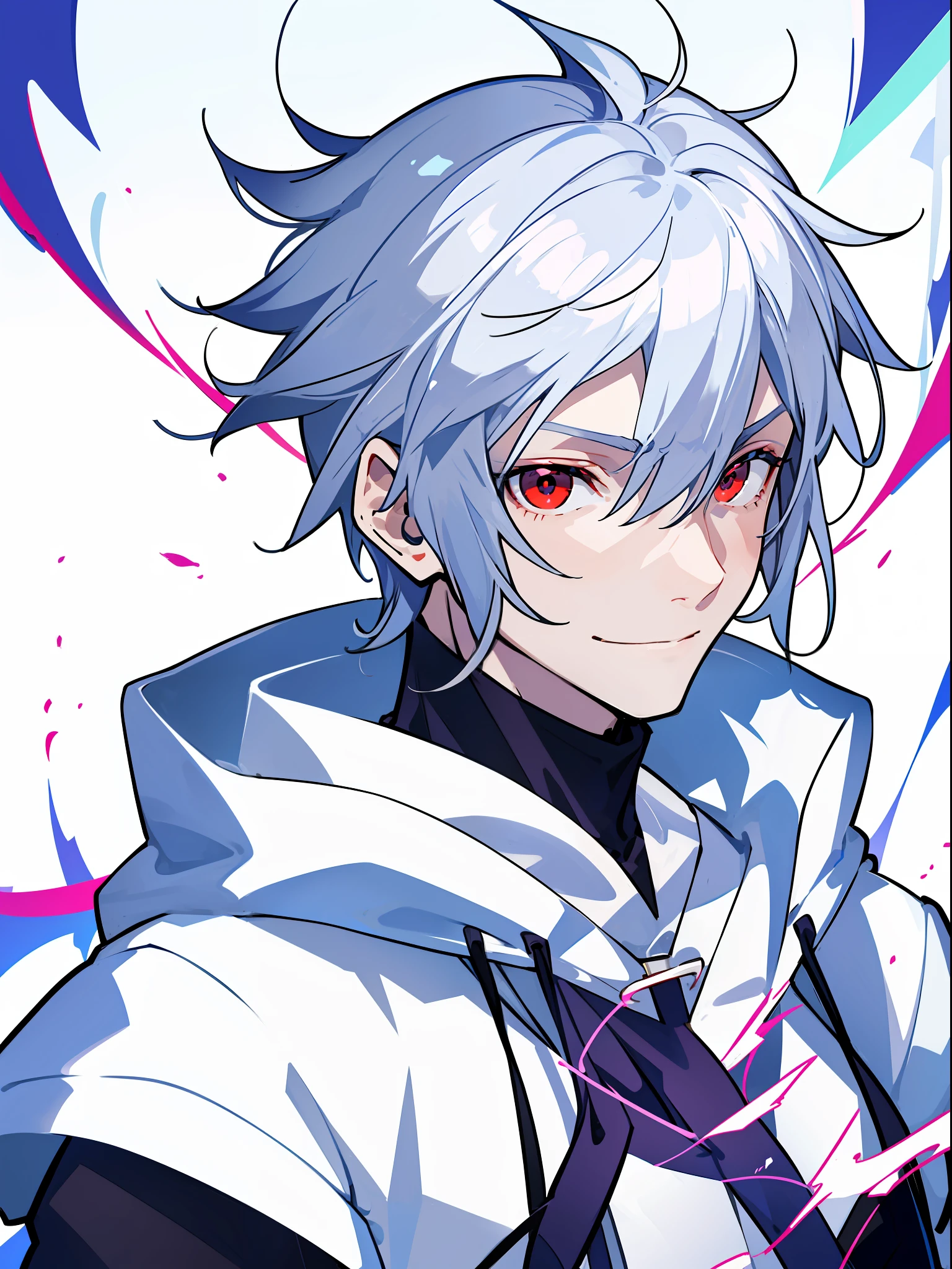 solo, ((male with short silver hair wearing hoodie)), (bangs), (red eyes), (pale skin), (smirk), ((high quality)), (extremely detailed), fate stay night, inspired by takeuchi takahasi