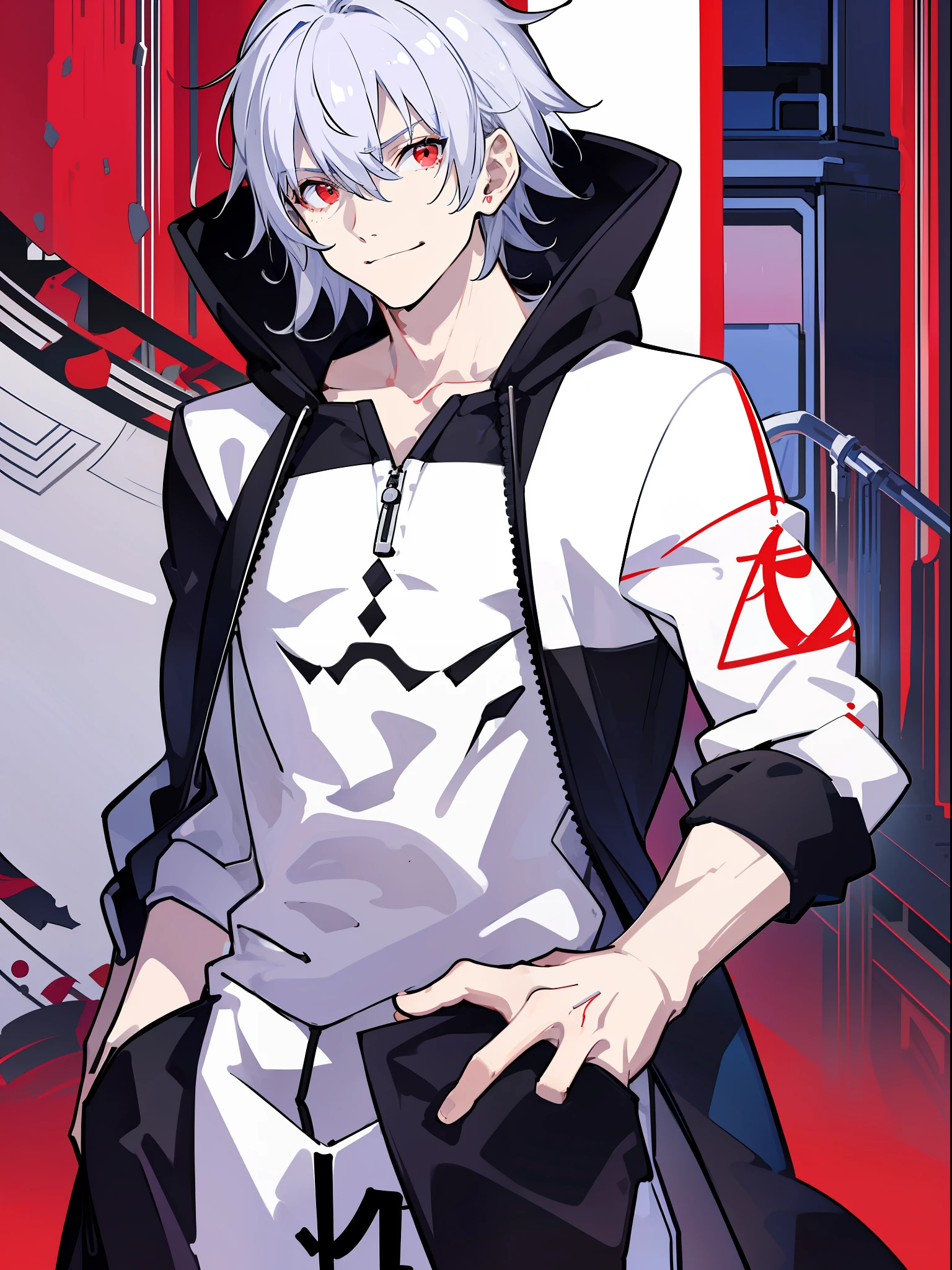 solo, ((male with short silver hair wearing hoodie)), (bangs), (red eyes), (pale skin), (smirk), ((high quality)), (extremely detailed), fate stay night, inspired by takeuchi takahasi