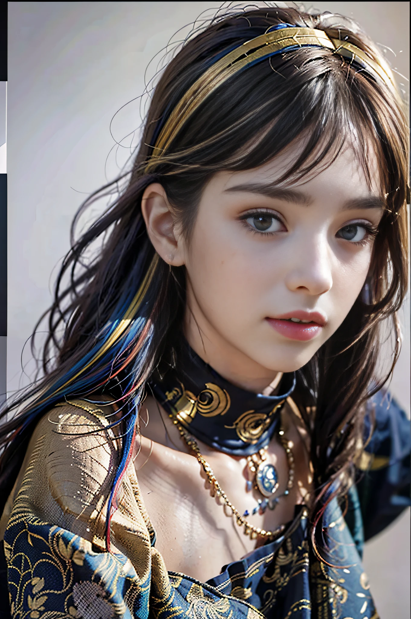 ultra hd, retina, masterpiece, anatomically correct, textured skin, super detail, high detail, high quality, high quality, award-winning, (realistic: 1.7), (best quality)), (ultra-high resolution), (realistic: 1.6), realistic, (surreal: 1.2), (realistic face: 1.2), (8k), (4k), (masterpiece), (realistic skin texture), a girl, daytime, skirt and high heels, multicolored hair,