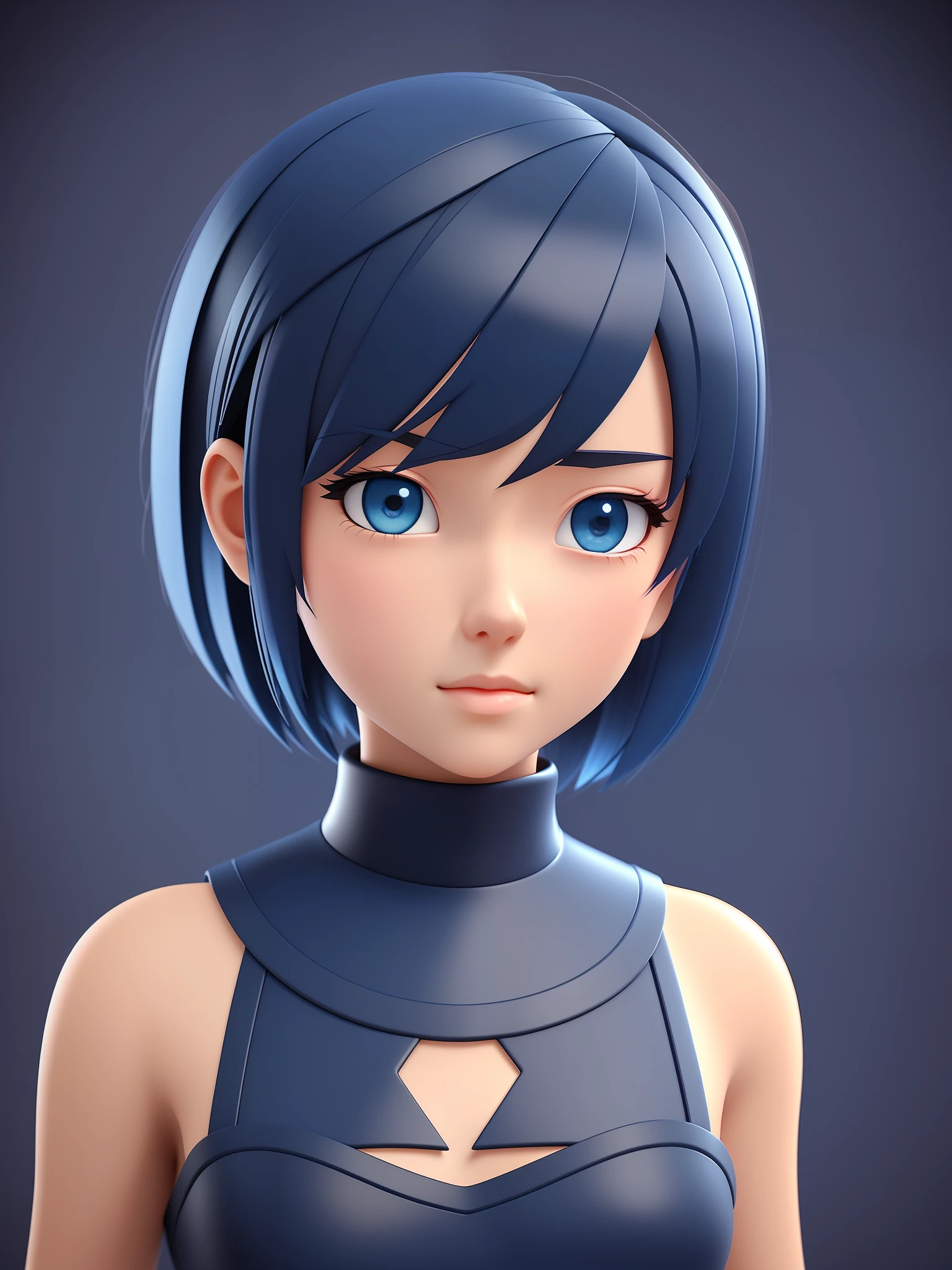 Young girl, a cartoon character light dark blue clothing, (short hair and dark blue), stylized character, animation character, stylized 3d render, 3d character, highly detailed character, stylized anime, stylized 3d, render character, character model, close up, maximum quality