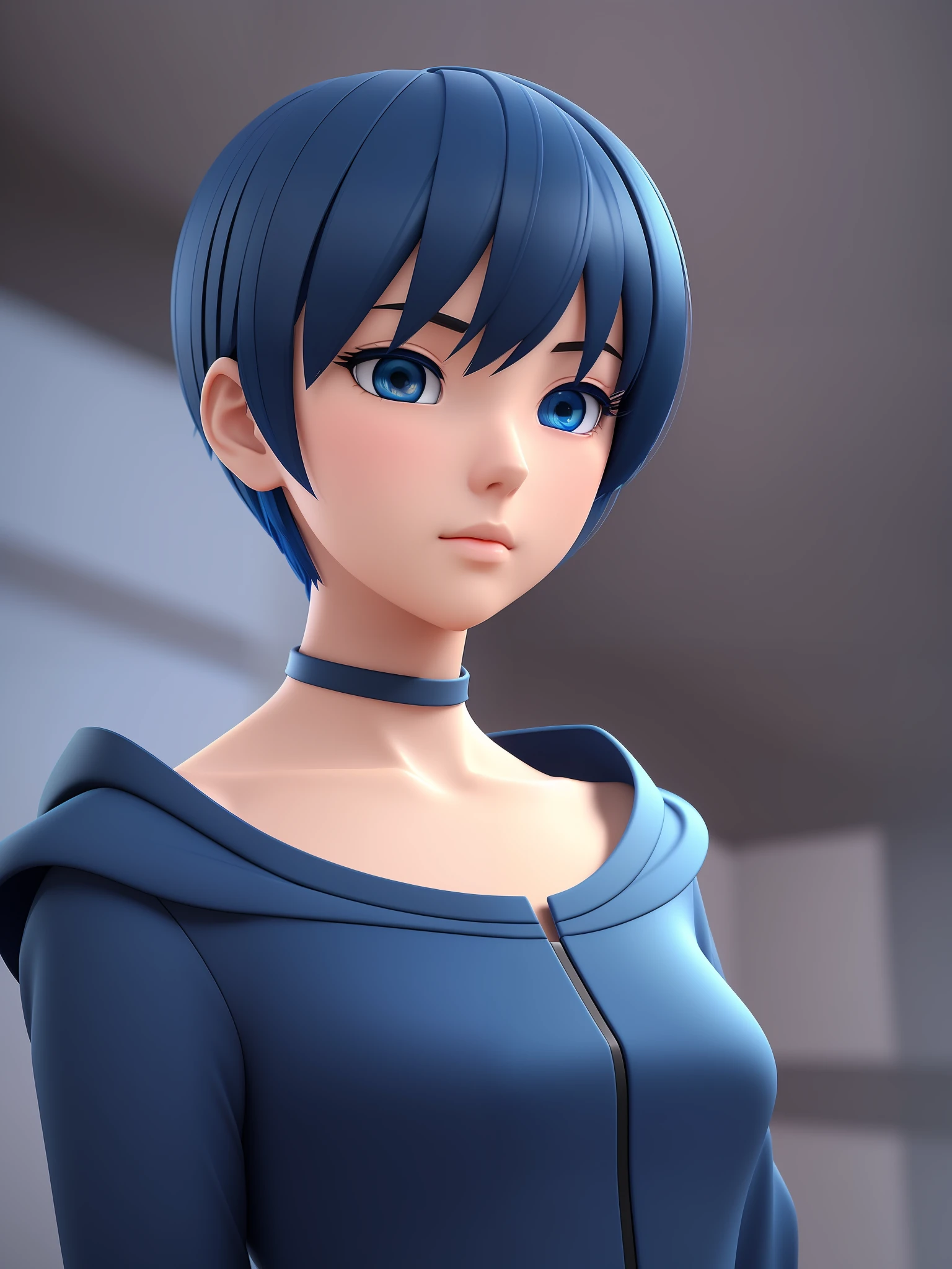 Young girl, a cartoon character light dark blue clothing, (short hair and dark blue), stylized character, animation character, stylized 3d render, 3d character, highly detailed character, stylized anime, stylized 3d, render character, character model, close up, maximum quality