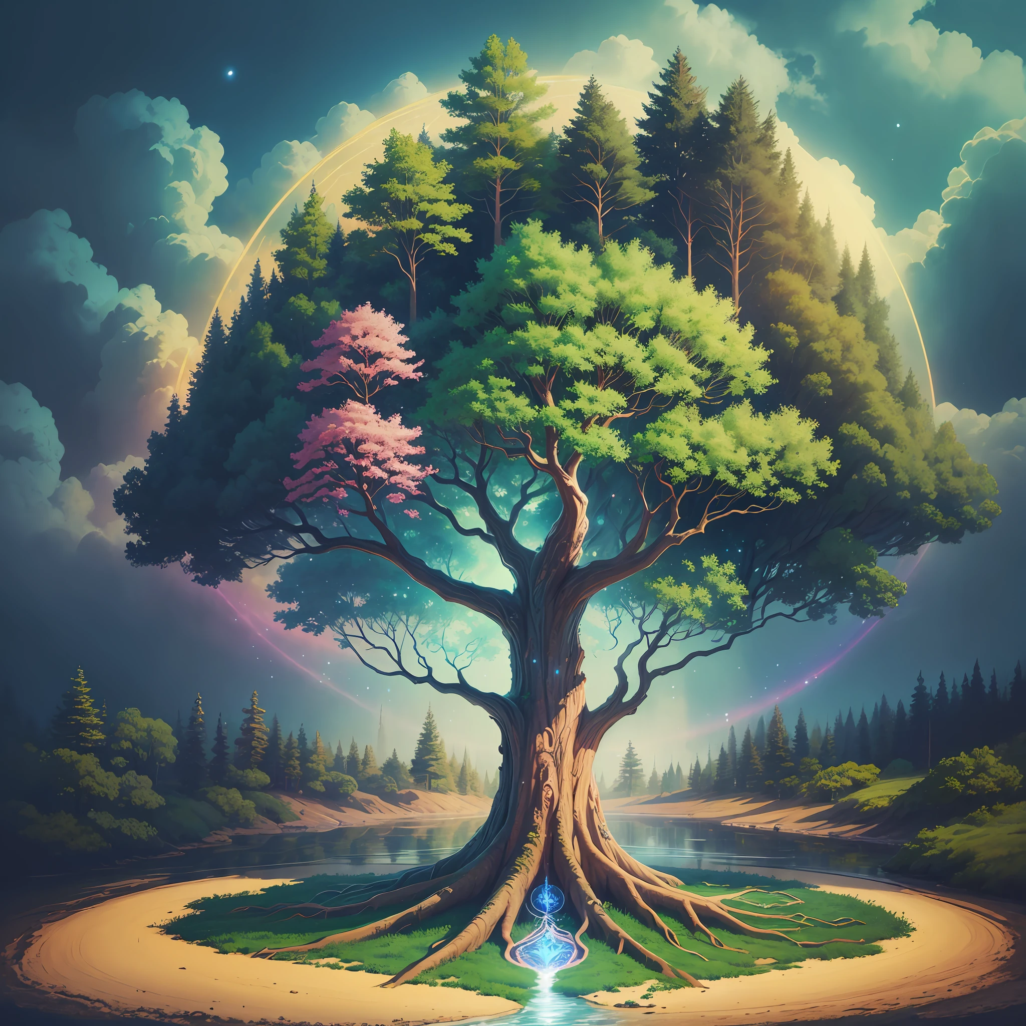 painting of a tree in a forest with a lake and a bright sun, magical tree, cosmic tree, cosmic tree of life, fantasy tree, magic tree, large magical trees, the world tree, mystical setting, yggdrasil, fantastical setting, the tree of life, magical colors and atmosphere, magical colours and atmosphere, tree of life, lothlorien --auto --s2
