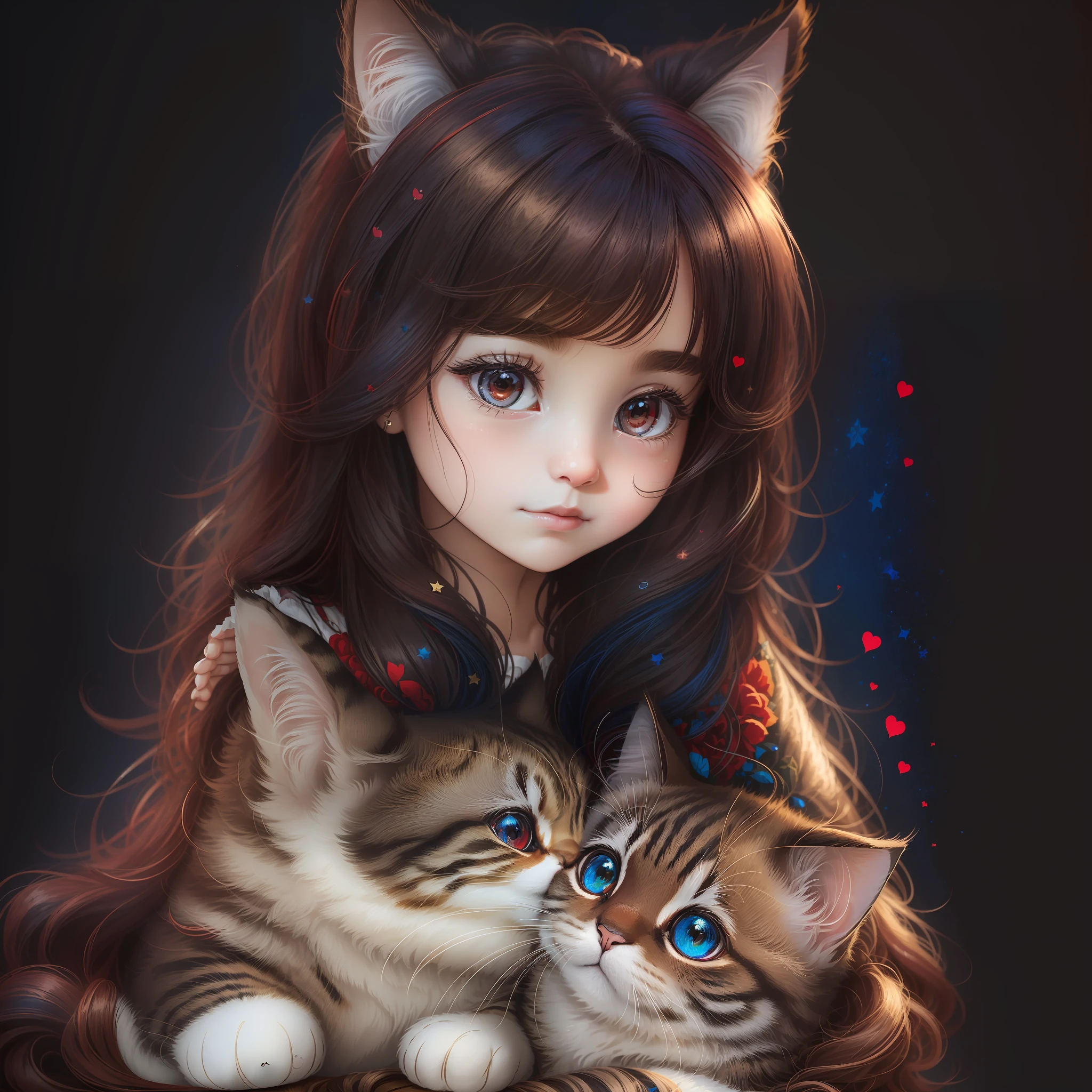 (Warm picture, close-up, Ultra HD quality, Hollywood style photos) + (Young long-haired mother, baby), (Best lens effect, soft lighting) + (Black long-haired cat + tabby round-faced cat, side by side), (hand-drawn style, sticker rendering), (baby clothes are rabbit pattern, super cute), (wall or background is (dark red or dark blue) to create a sense of nobility) + [(((This picture is cute)): 1.2]] --auto --s2