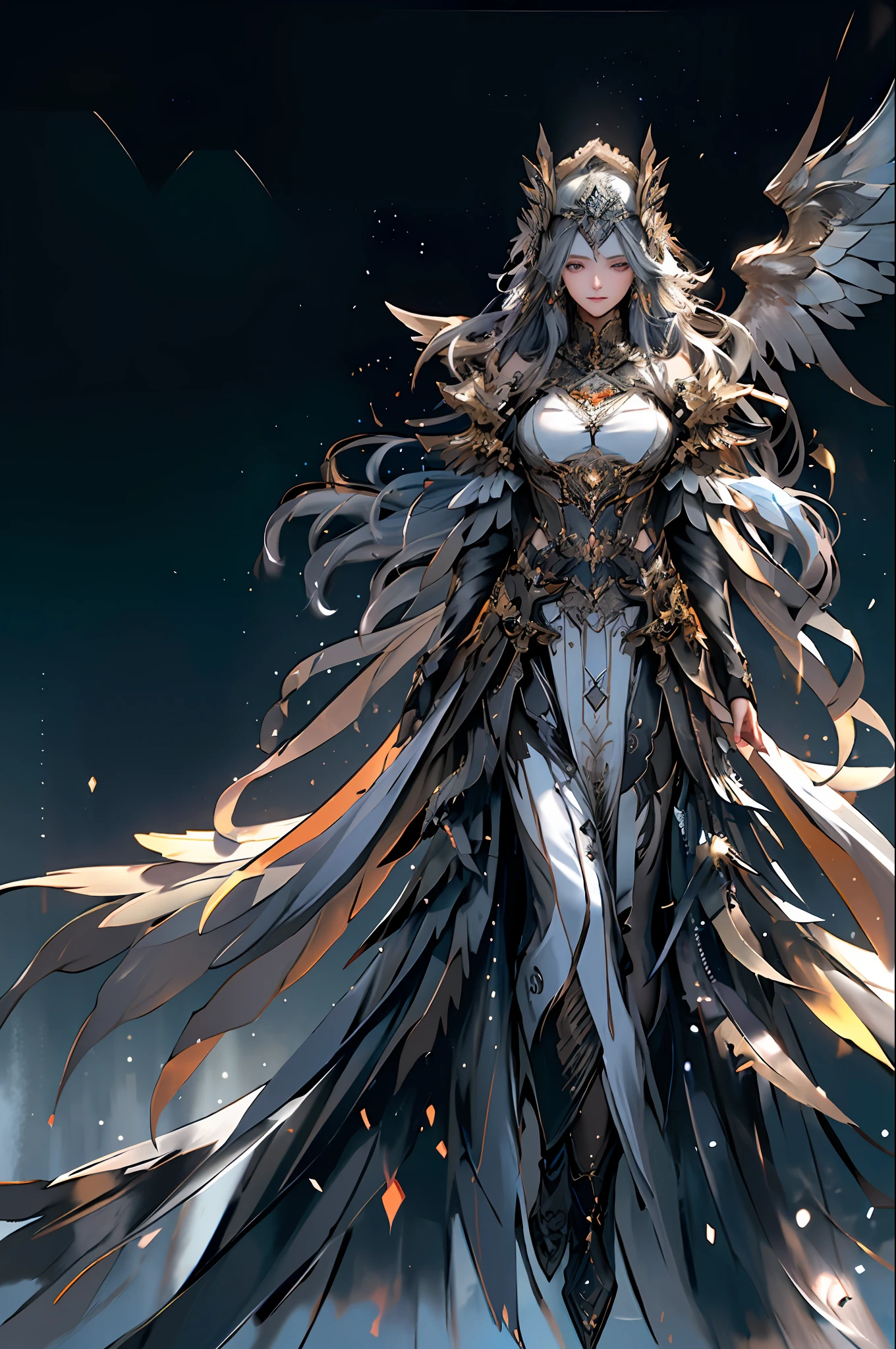 Best illustrations, realistic details and details
break
1 girl, beautiful, seductive face, tanned skin, detailed skin, golden hair, long hair, navel, black long dress, gothic dress, beautiful lace, full body, watch the viewer (Six-winged Angel: 1.4),
break
On a rooftop overlooking futuristic cityscape, starry sky and dark environment
break
Shattering glass with fractal particle effect, volumetric fog on the horizon, levitation, emotional and powerful atmosphere, gears of machinery
break
Aerial perspective, detailed background, third law, sharp focus, depth of field
break
Kuan, NEP costume,