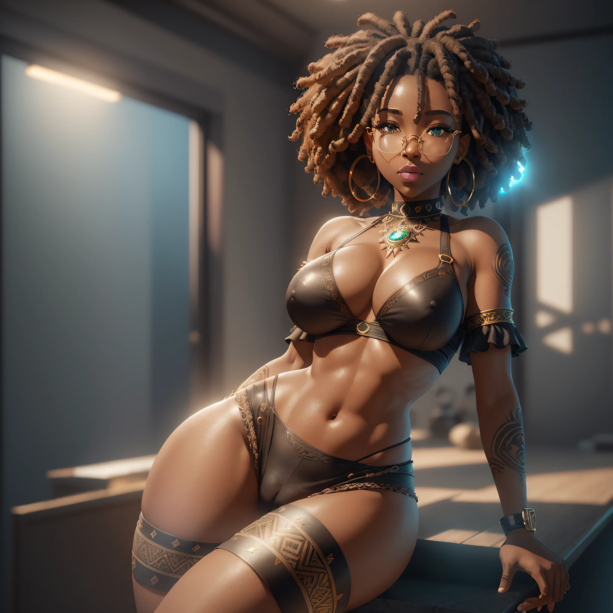 ((Best quality)), ((masterpiece)), (detailed:1.4), 3D, an image of a just 1 girl, solo, full body, piercing look, transparent short clothes, ((cameltoe)), ((bulges)), ((big breasts)), long legs, thin waist, buttocks, ultra-thin makeup, african goddess, best quality, midriff, dynamic pose, whole body, ultra-thin fabrics, (huge ass: 1.4), (back: 1.3), thighs, (large thighs: 1.4), (colored hair: 1.3),  (dread looks: 1.4) (large breasts: 1.2), large hair, full body, glasses, interiors, school classroom, full body, sunny day, afro woman, ebony-colored skin, closed mouth, vision of skin pores, (fleshy lips: 1.2), fleshy lips, happy, choker, body with tattoos, green eyes, African goddess, looking the viewer over the shoulders, large hoop earrings made of bones,  Warm Light, Illuminated, (8K), (Extremely Detailed),HDR (High Dynamic Range),Ray Tracing,NVIDIA RTX,Super-Resolution,Unreal 5,Subsurface scattering,PBR Texturing,Post-processing,Anisotropic Filtering,Depth-of-field,Maximum clarity and sharpness,Multi-layered textures,Albedo and Specular maps,Surface shading,Accurate simulation of light-material interaction,Perfect proportions,Octane Render,Wide aperture,Low ISO,White balance,Rule of thirds,8K RAW, --auto --s2