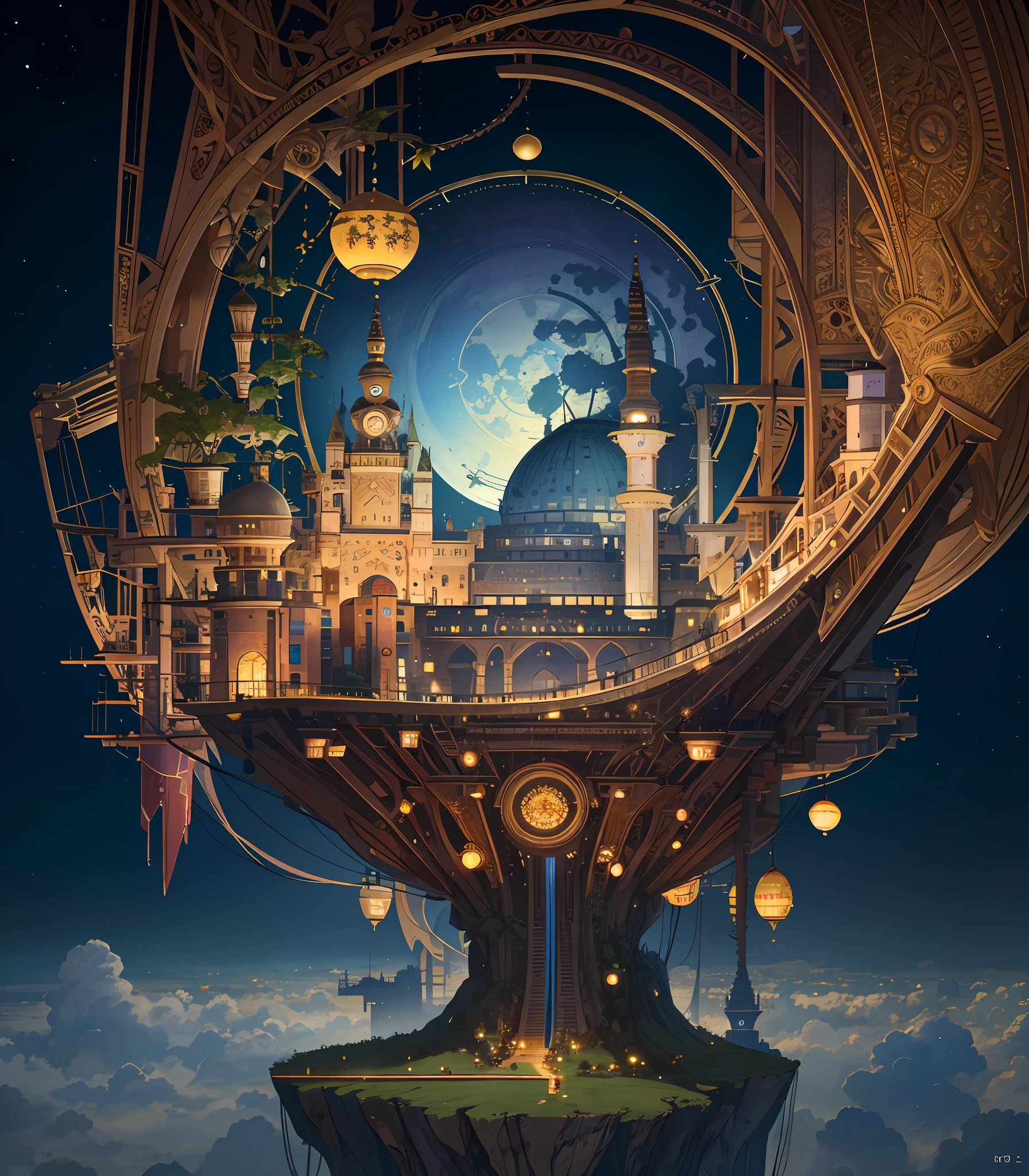 A circular sign floats in the air, many small airships flying around, cities, fantasy, magical plant growth, extreme details, realistic lighting, epic composition, (intricate details), (intricate design, ultra detail: 1.2), art station, (masterpiece, best quality), ultra high-definition, 32k --v 6