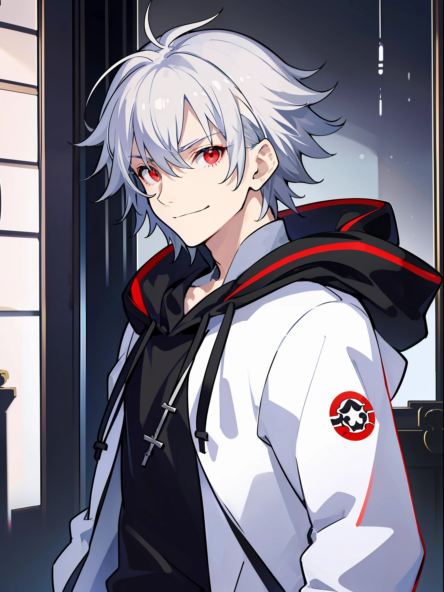 solo, ((male with short silver hair wearing hoodie)), (bangs), (red eyes), (pale skin), (smirk), ((high quality)), (extremely detailed), fate stay night, inspired by takeuchi takahasi