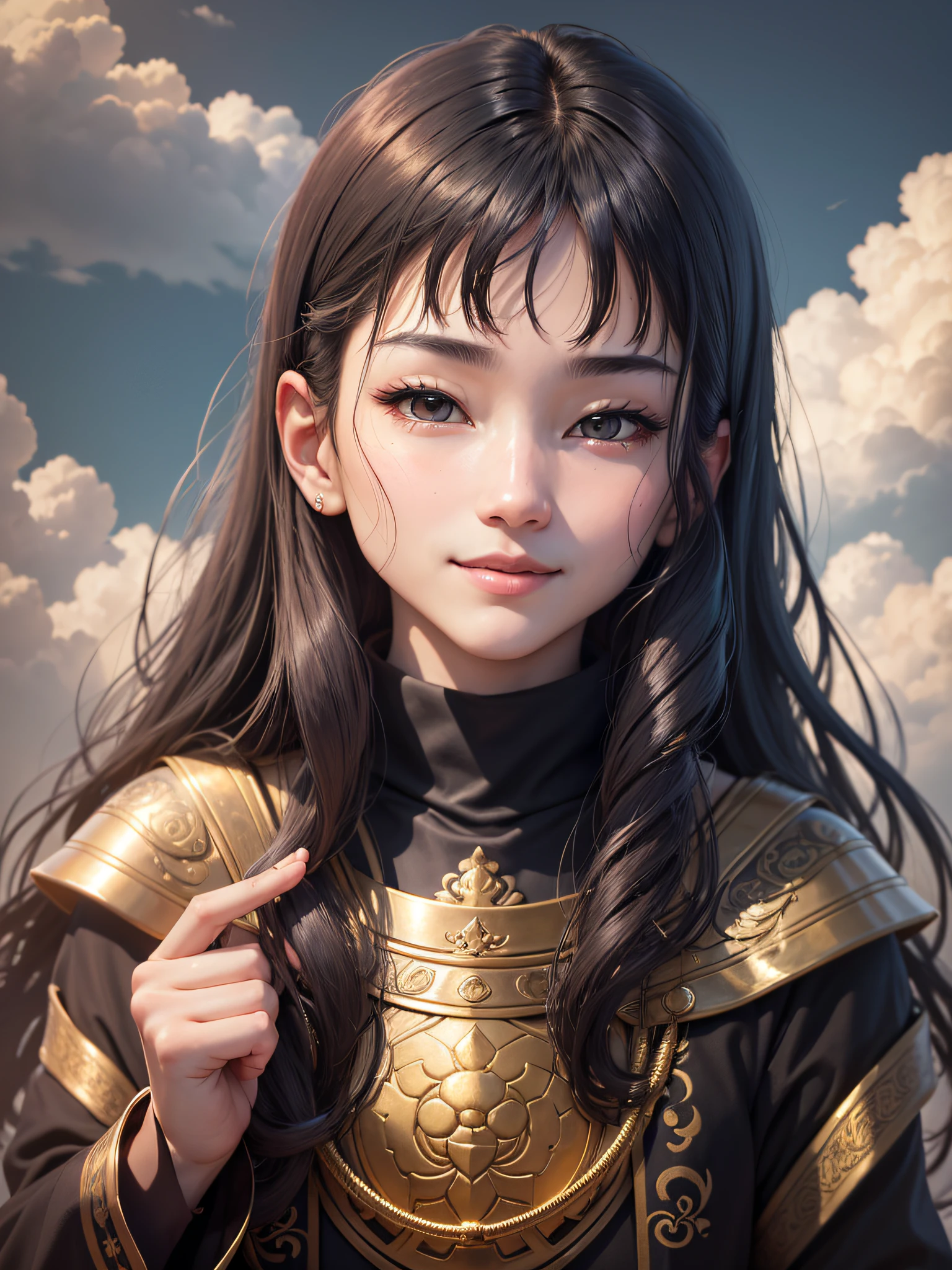 Void Bodhisattva, (Gold: 1.2), smooth upper body, long-sleeved cassock, ray tracing, (Metal texture: 1.1), colorful clouds on the background, (Best quality: 1.0), (Ultra High Resolution: 1.0), 8k, (Masterpiece: 0.2), , Innocent, Innocent, No Exposure, Black Hair, Neatness, Guide, Face Facing Front, Beauty, Disturbing Emotions, Monk-style Beauty, 20-year-old Beauty, 16K, Face Frontal, ID Photo, ID photo, interview, ID photo, cute, face is frontal, smile, face seen from the front,