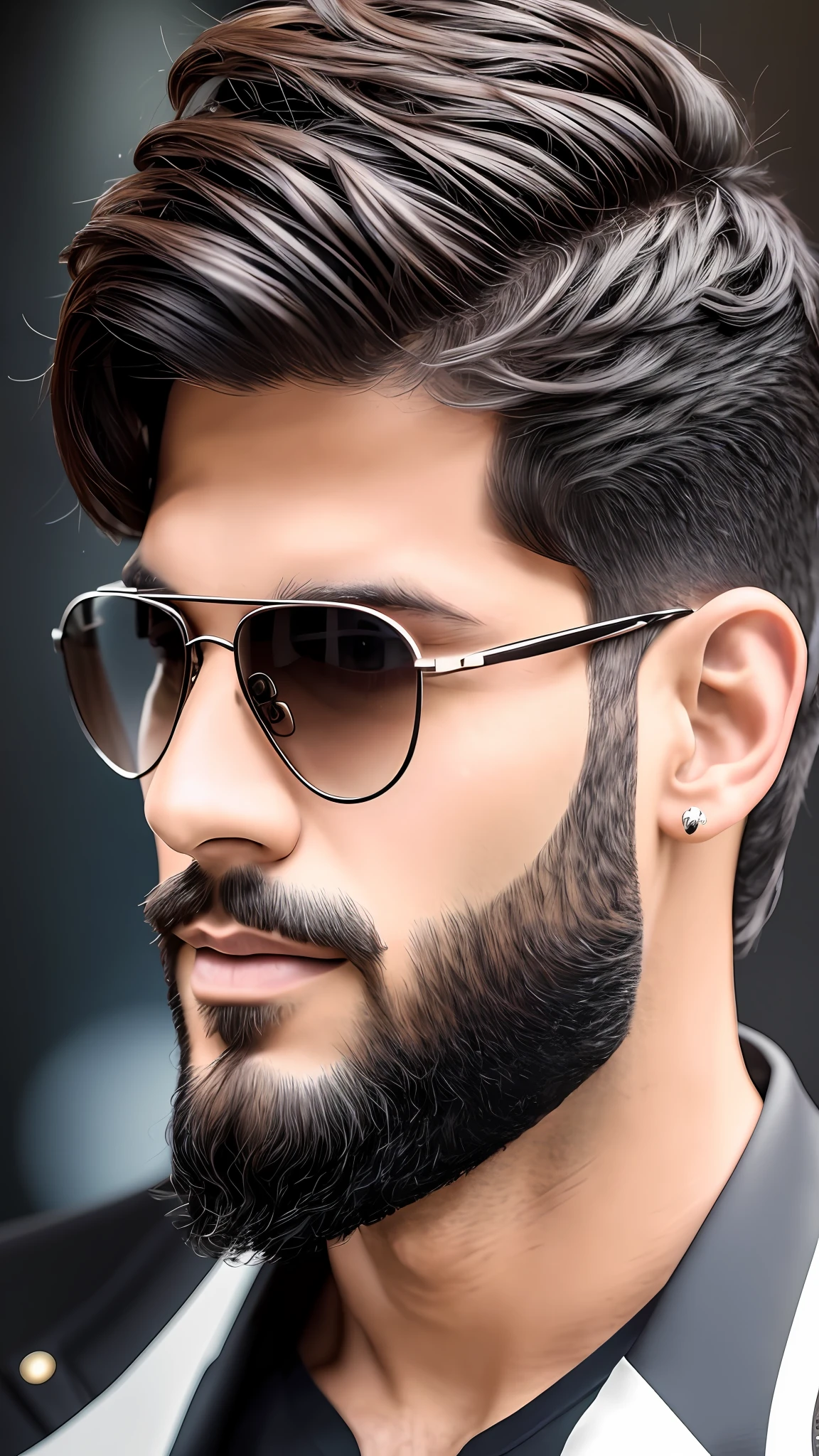 handsome man, black hair, short and modern haircut, formal attire, with a beard, ambassador, singer, athletic build, masterpiece, realistic image, detailed image, very close to reality, high definition image, good lighting, 8k, gusttavo Lima, singer, black aviator sunglasses, Brazilian --auto --s2