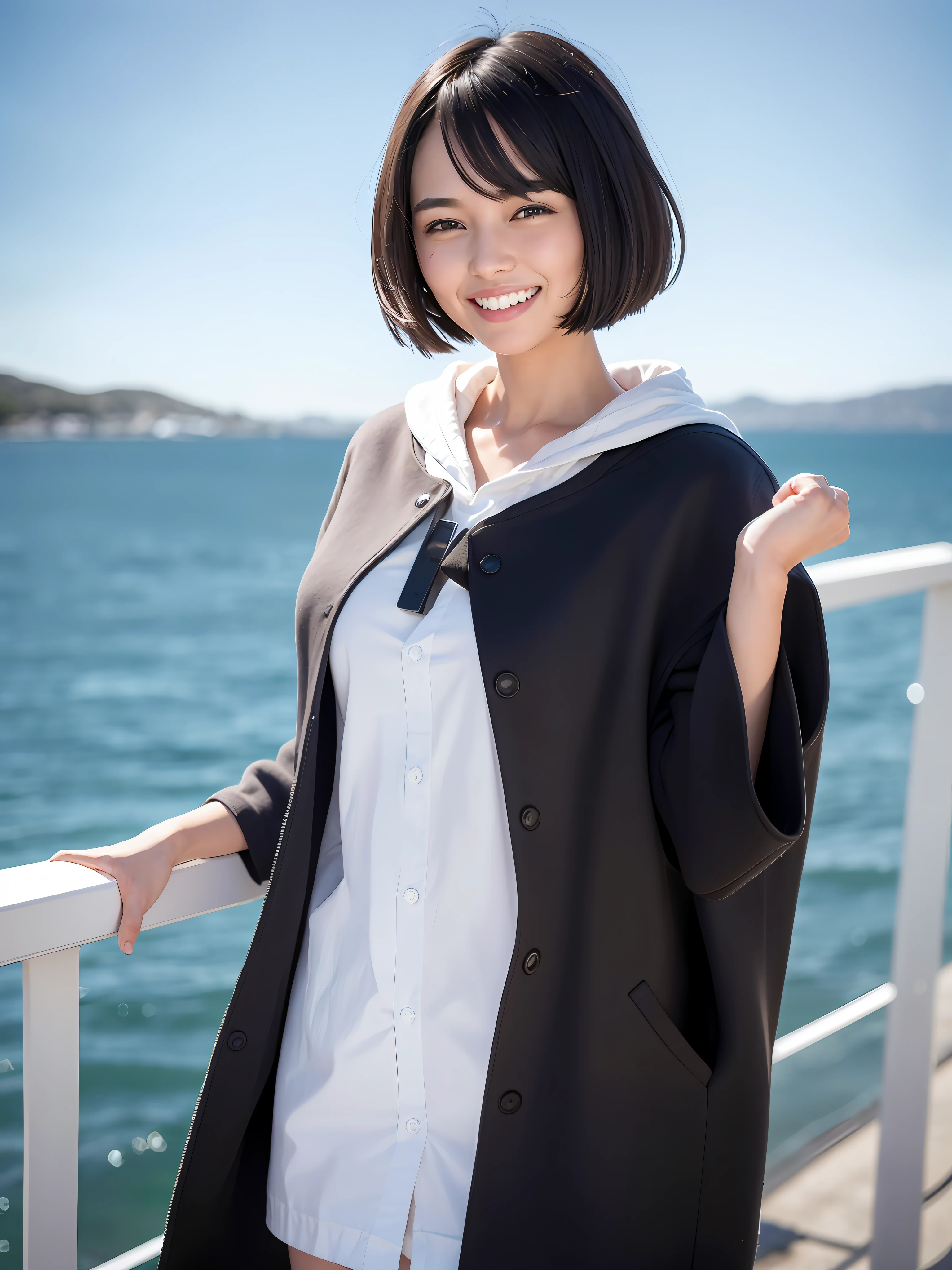 Full body, black hair, blunt head, masterpiece, best quality, official art, very detailed CG unity 8k wallpaper, 1 girl, super high resolution, (realism: 1.4), primetime lighting, doctor's uniform, (upper body), (Sagisar: 1), (short black hair: 0.8), (puffy eyes)), looking at the viewer, facing forward, smiling, laughing, (toothy smile: 1.4), the lens is diagonally above,