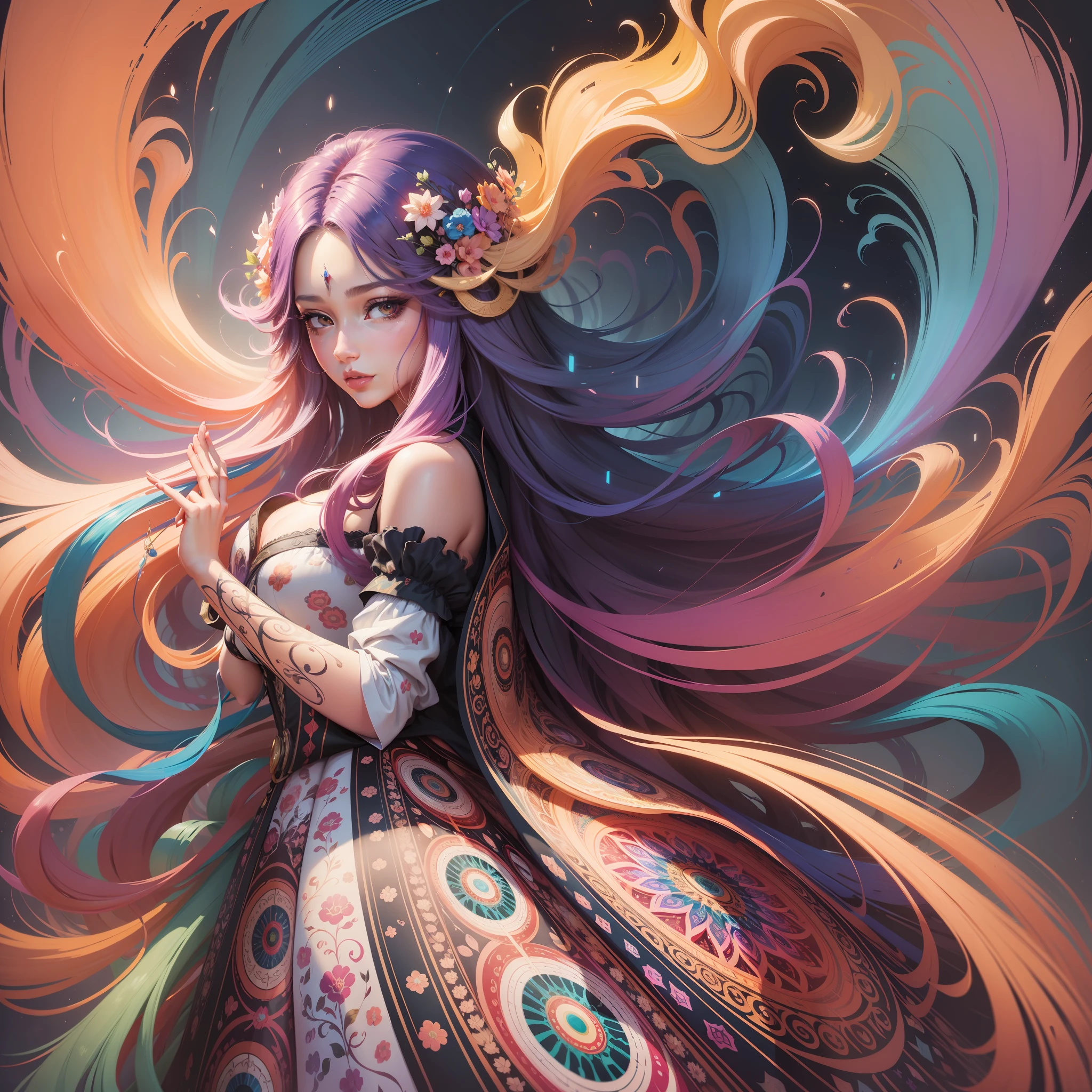 a painting of a woman with long hair and colorful hair, beautiful digital illustration, stunning digital illustration, gorgeous digital art, a beautiful artwork illustration, beautiful digital artwork, beautiful digital art, exquisite digital illustration, intricate digital painting, very beautiful digital art, vibrant digital painting, beautiful gorgeous digital art, psychedelic flowing hair, colorful digital painting, inspiring digital art, stylized digital art