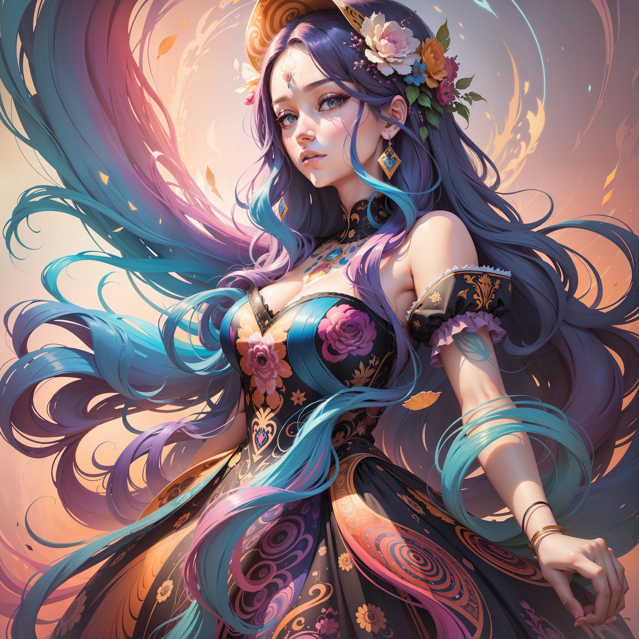 a painting of a woman with long hair and colorful hair, beautiful digital illustration, stunning digital illustration, gorgeous digital art, a beautiful artwork illustration, beautiful digital artwork, beautiful digital art, exquisite digital illustration, intricate digital painting, very beautiful digital art, vibrant digital painting, beautiful gorgeous digital art, psychedelic flowing hair, colorful digital painting, inspiring digital art, stylized digital art