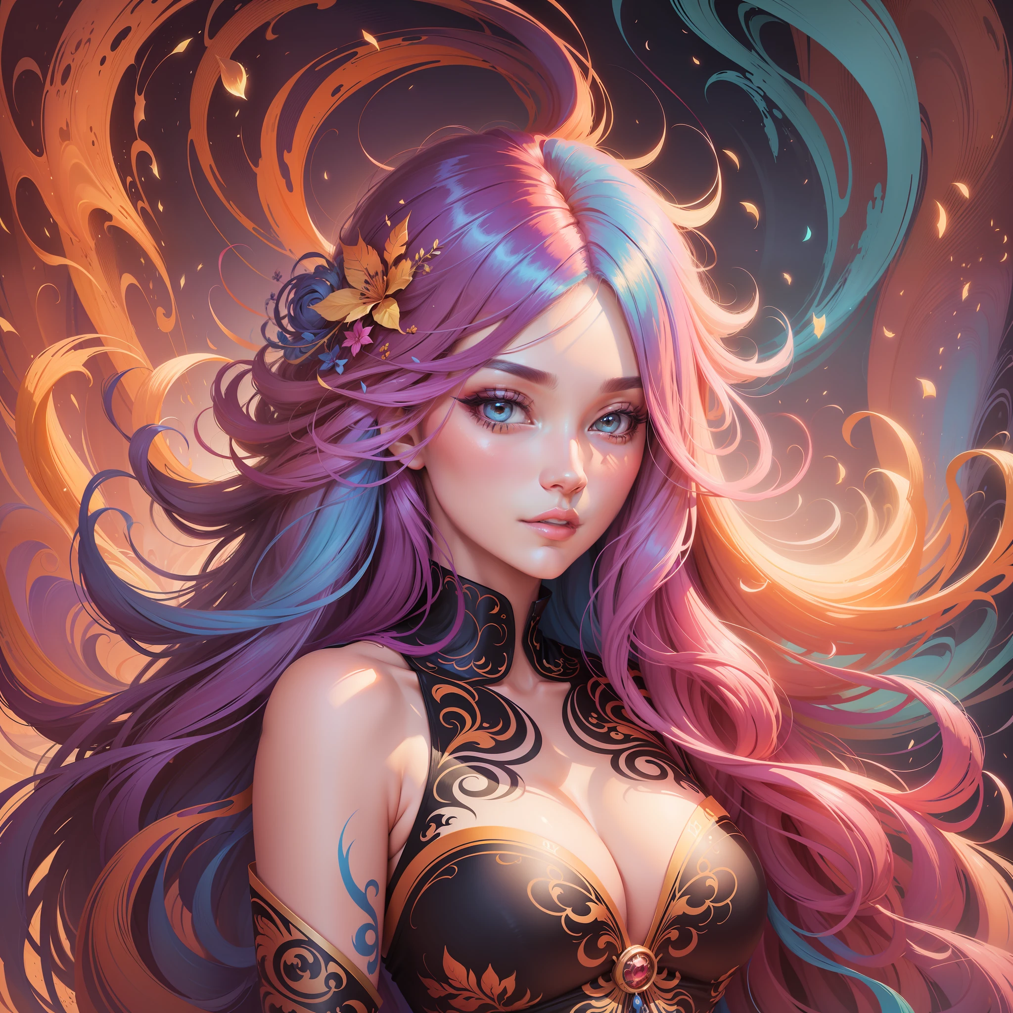 a painting of a woman with long hair and colorful hair, beautiful digital illustration, stunning digital illustration, gorgeous digital art, a beautiful artwork illustration, beautiful digital artwork, beautiful digital art, exquisite digital illustration, intricate digital painting, very beautiful digital art, vibrant digital painting, beautiful gorgeous digital art, psychedelic flowing hair, colorful digital painting, inspiring digital art, stylized digital art